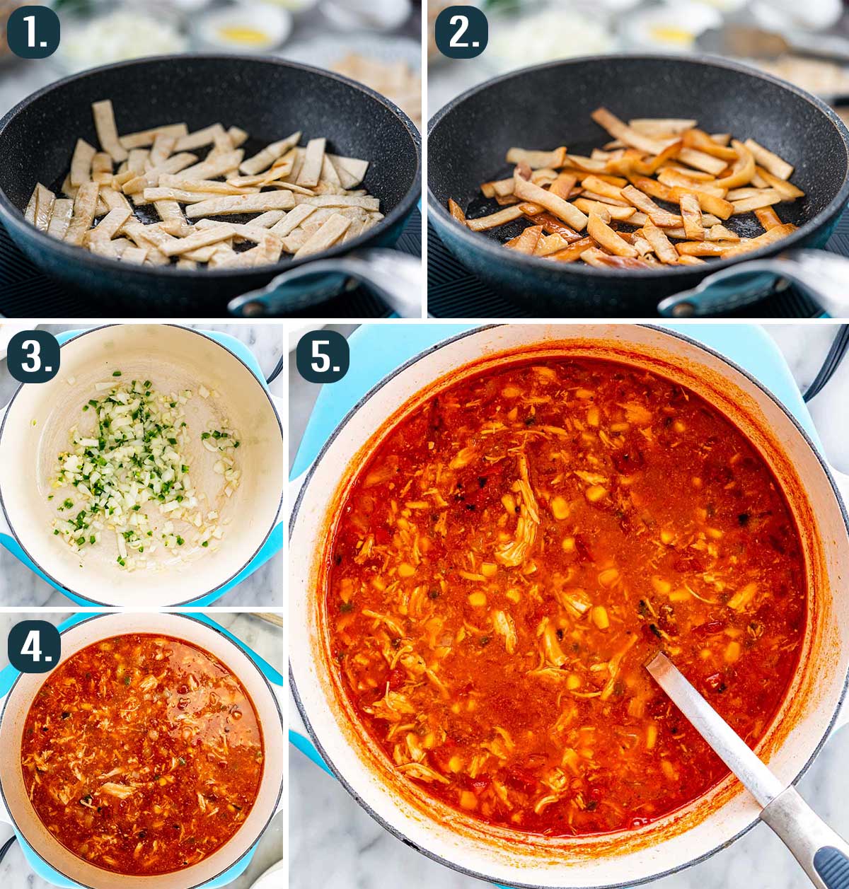 process shots showing how to make tortilla soup.