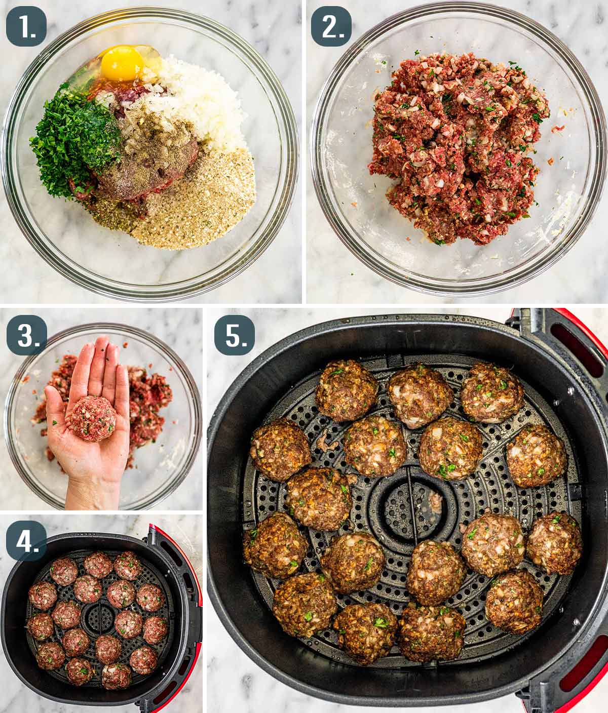 detailed process shots showing how to make meatballs and cook them in an air fryer.