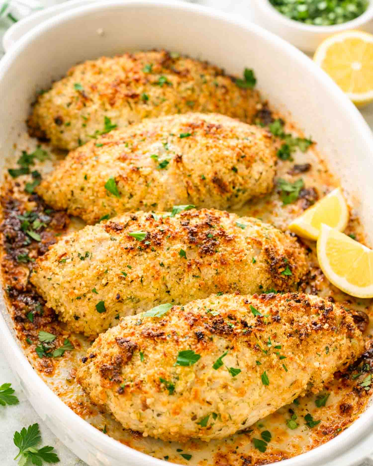 baked ranch chicken in a casserole dish fresh out of the oven.