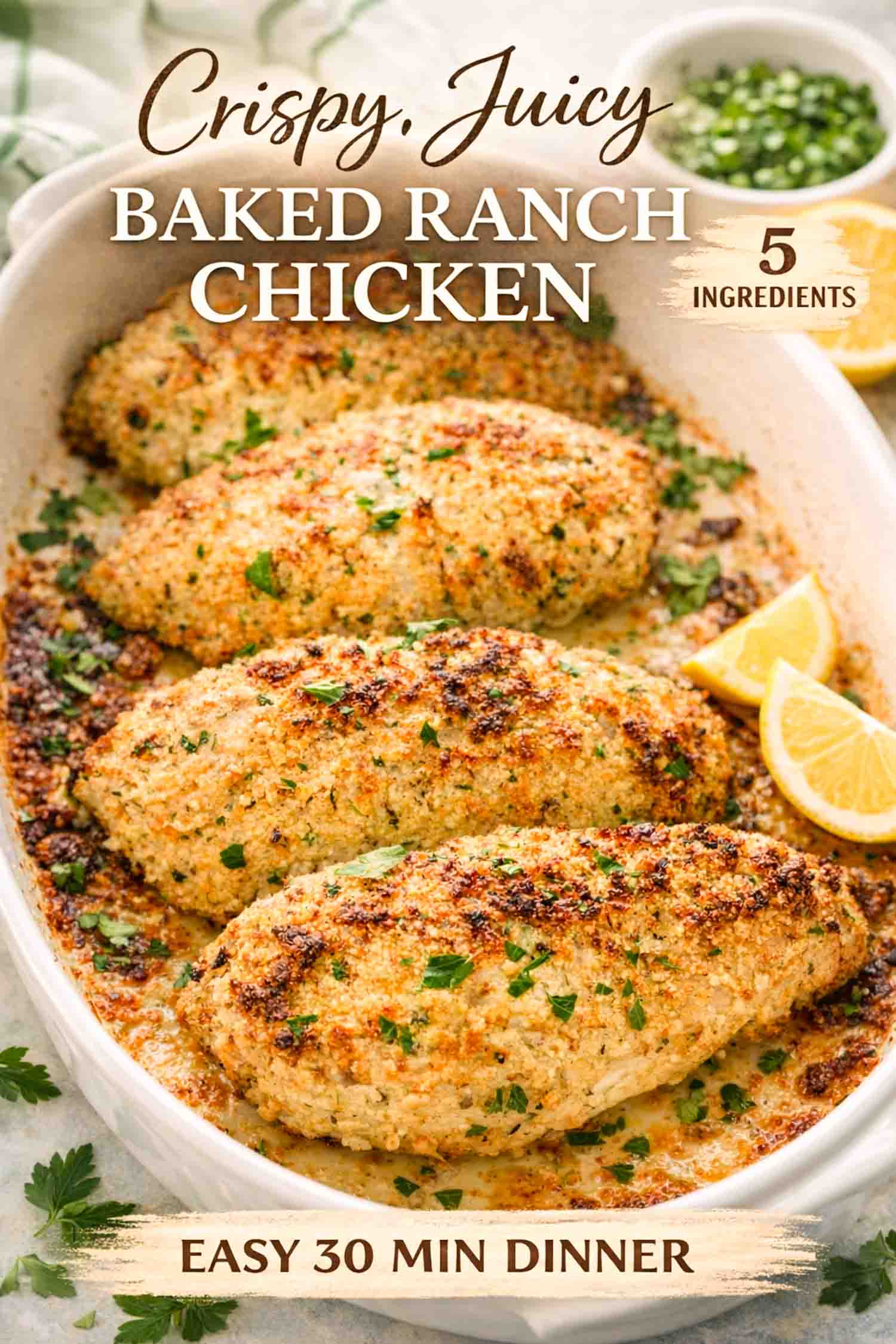 baked ranch chicken in a casserole dish fresh out of the oven.