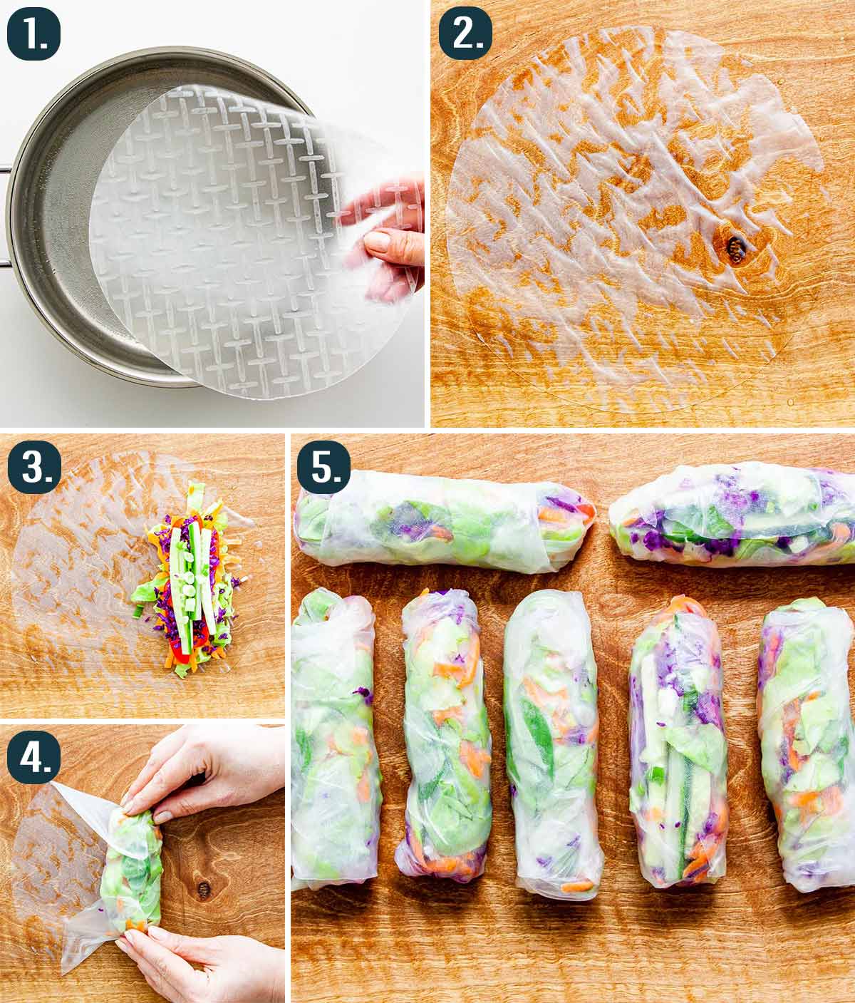 detailed process shots showing how to make fresh spring rolls.