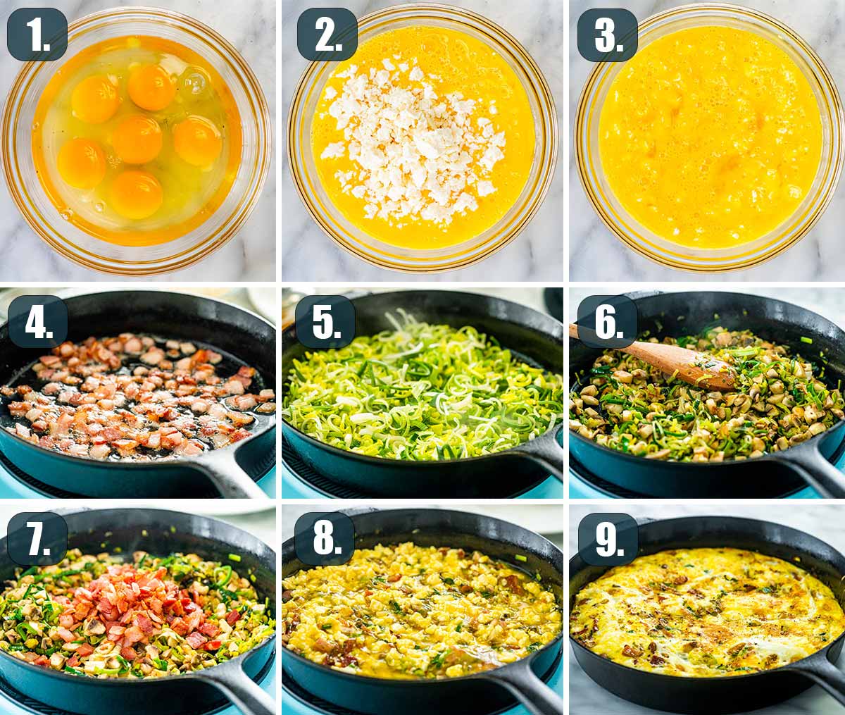 detailed process shots showing how to make frittata.