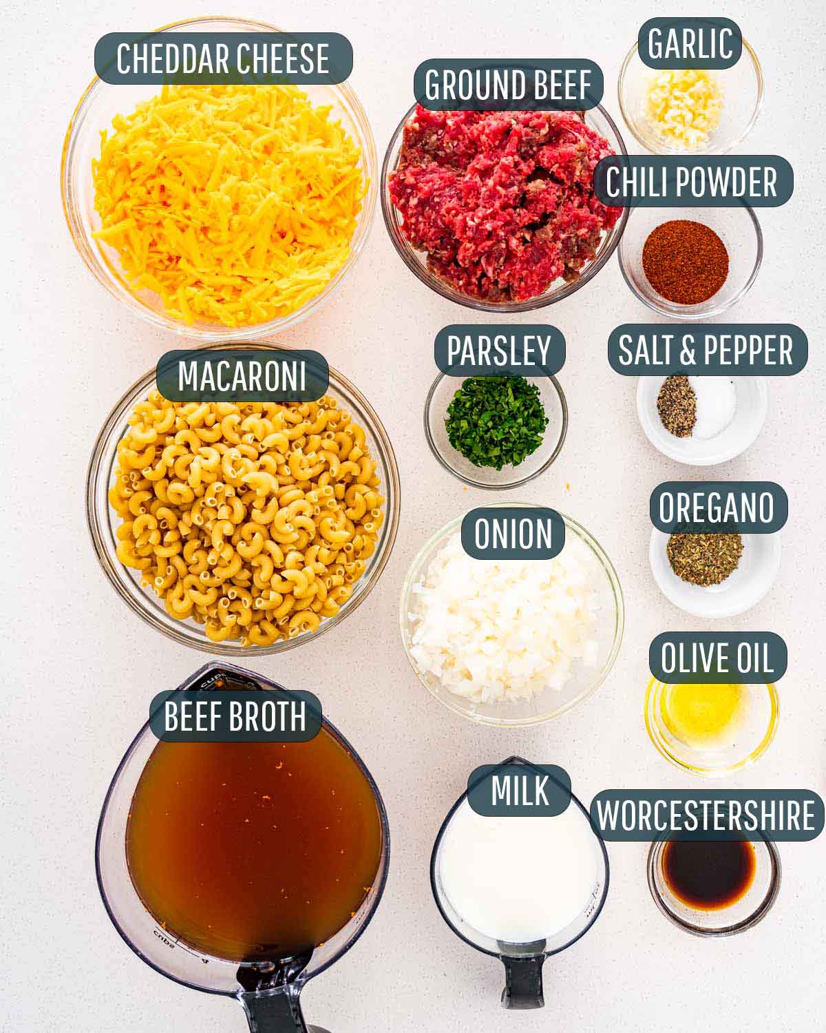 overhead shot of all the ingredients needed to make hamburger helper.