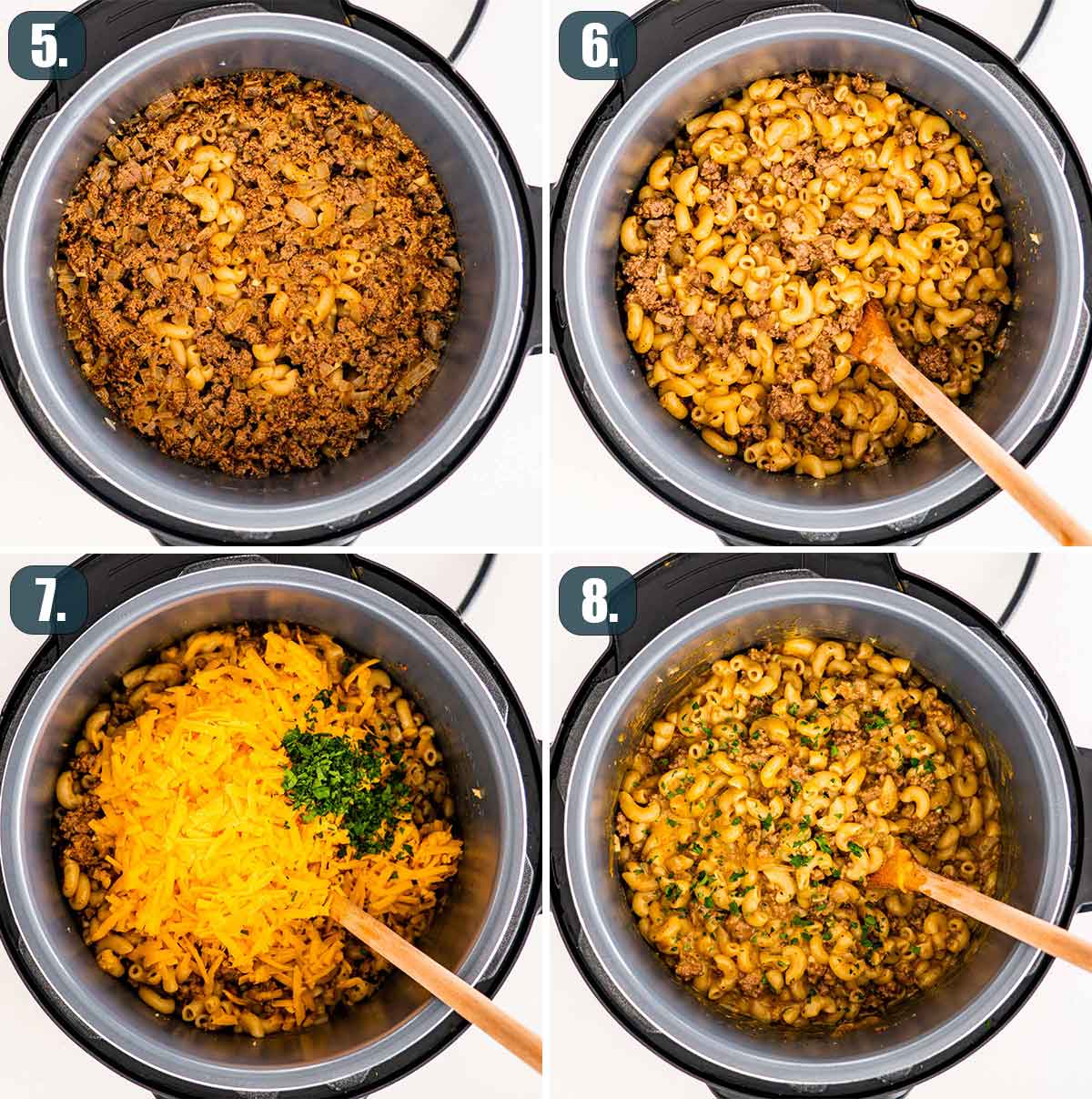 process shots showing how to finish hamburger helper in the instant pot.