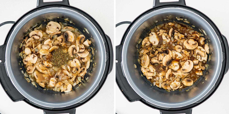 process shots showing how to make pork chops with mushroom gravy in the instant pot.