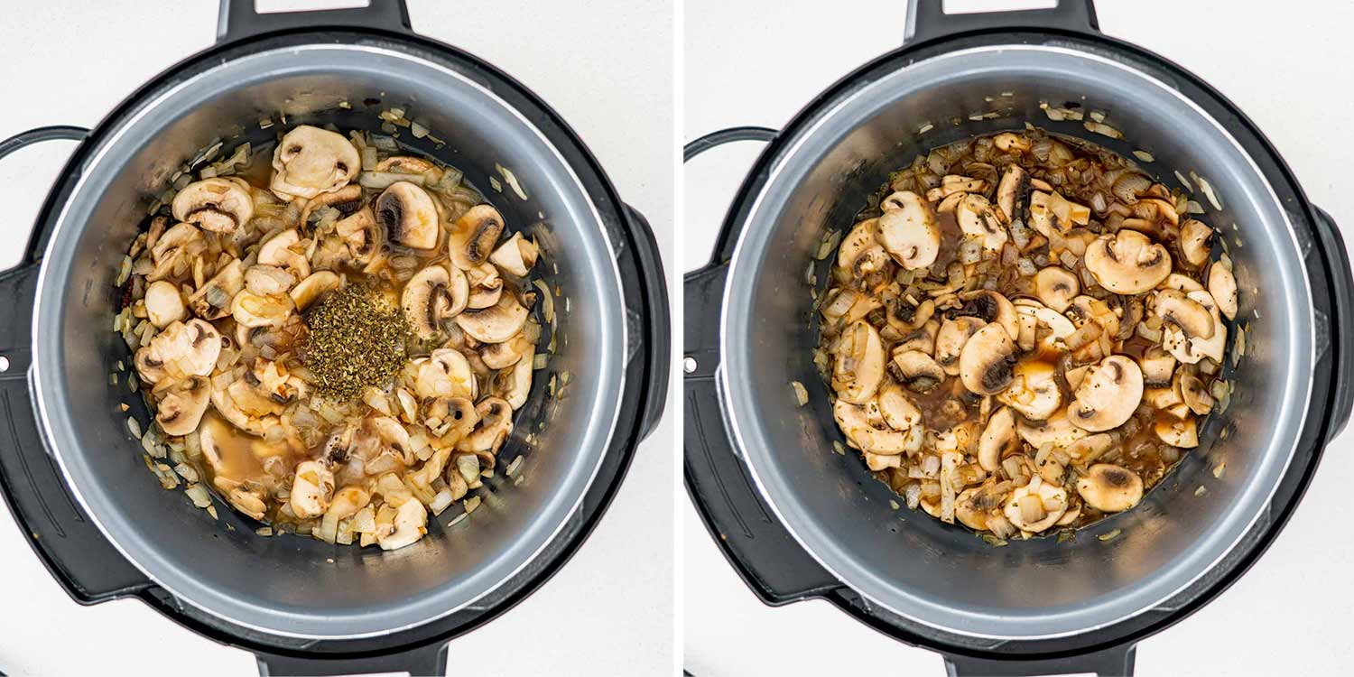 process shots showing how to make pork chops with mushroom gravy in the instant pot.