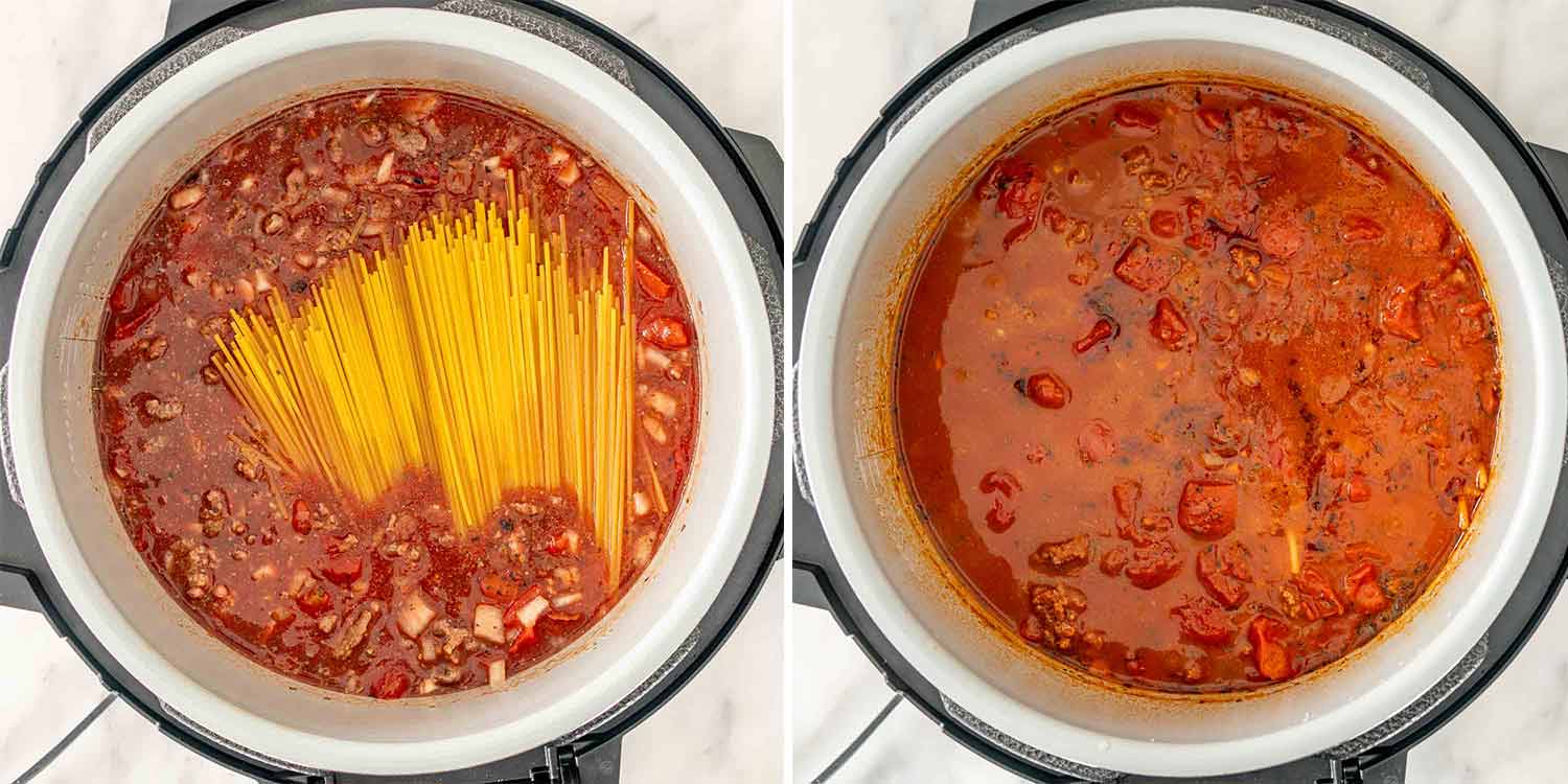 process shots showing how to make instant pot spaghetti.