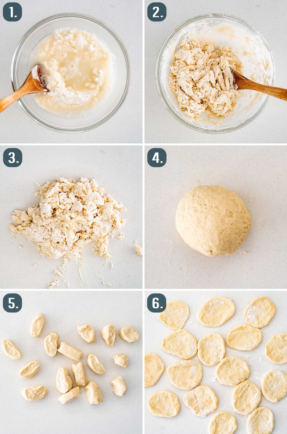process shots showing how to make dough for mandarin pancakes.