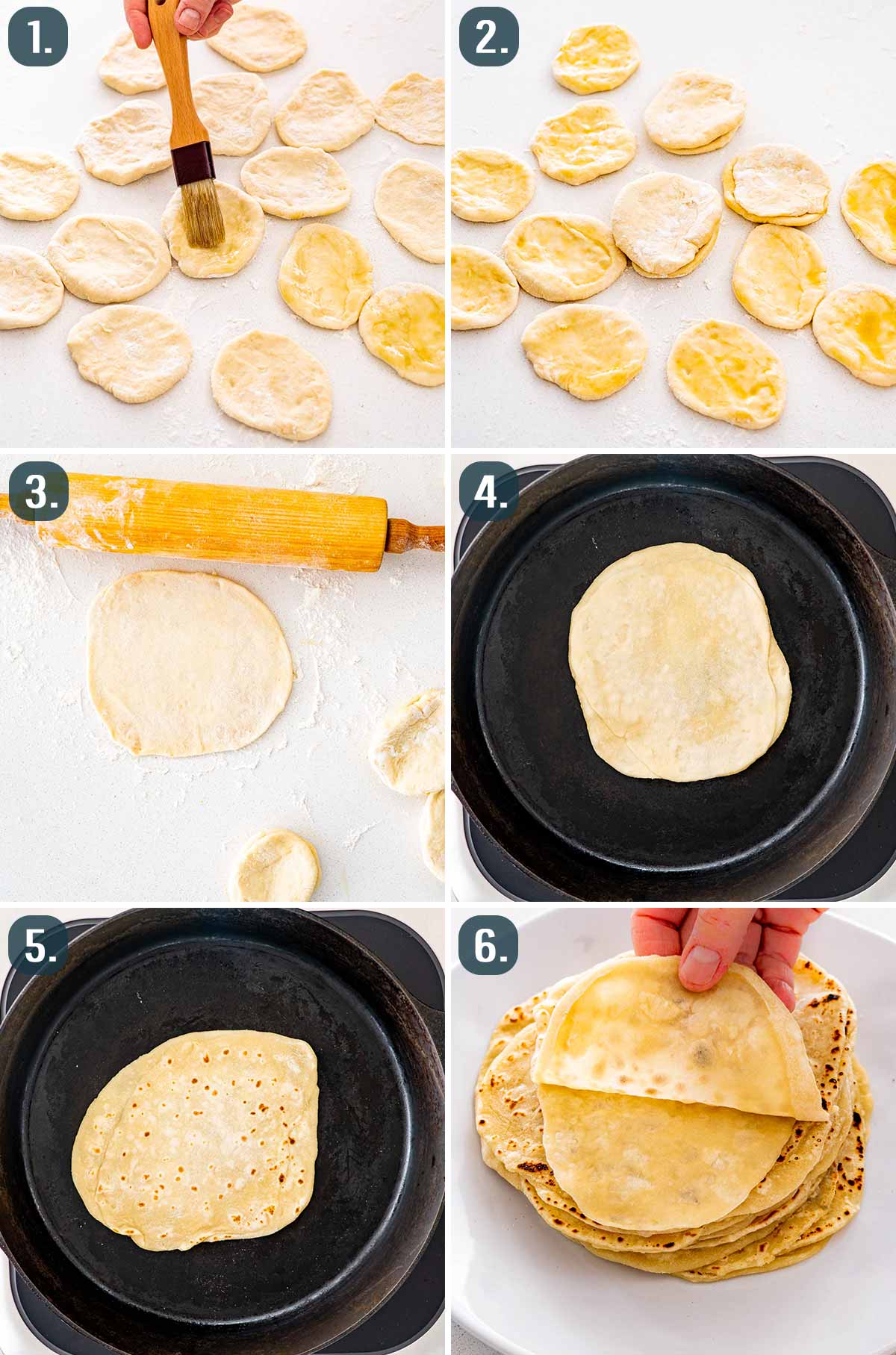 process shots showing how to shape mandarin pancakes and cook them.