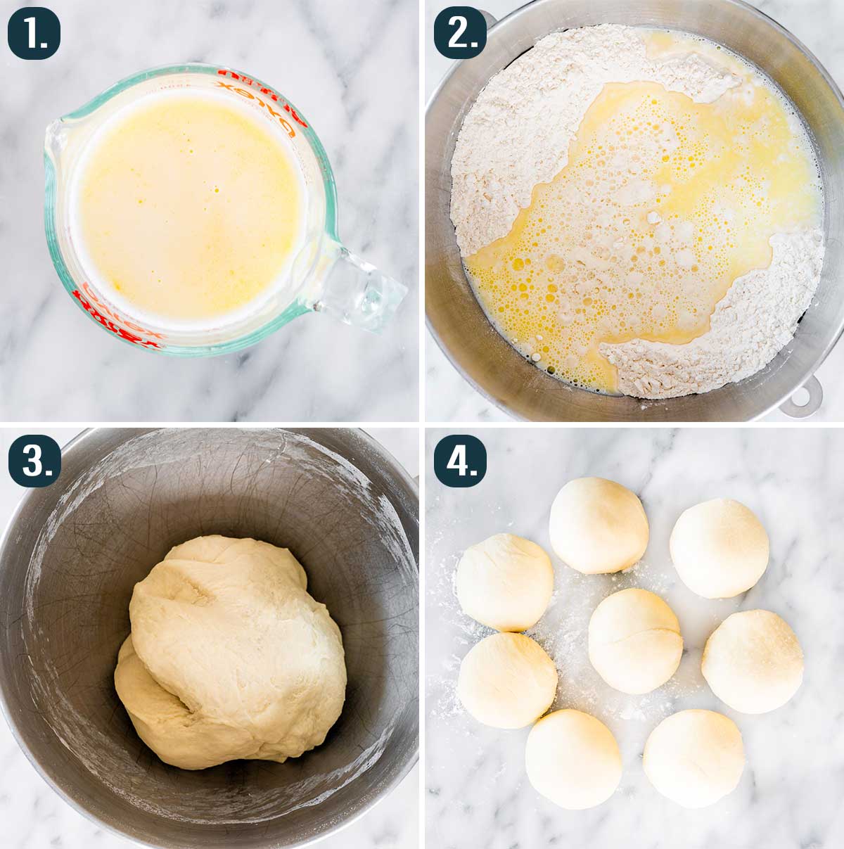 detailed process shots showing how to make dough for flatbreads.
