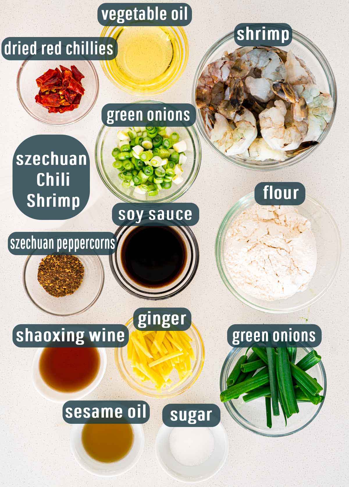 overhead shot of all ingredients needed to make szechuan chili shrimp.