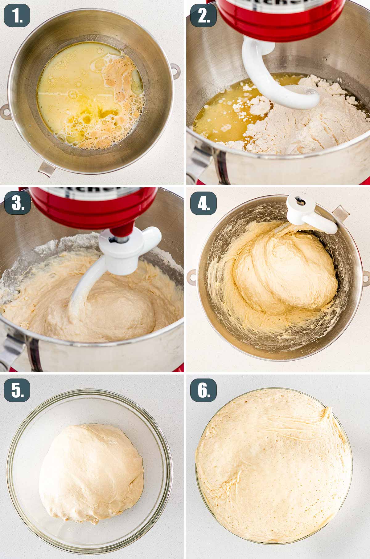 process shots showing how to make the dough for brioche buns.