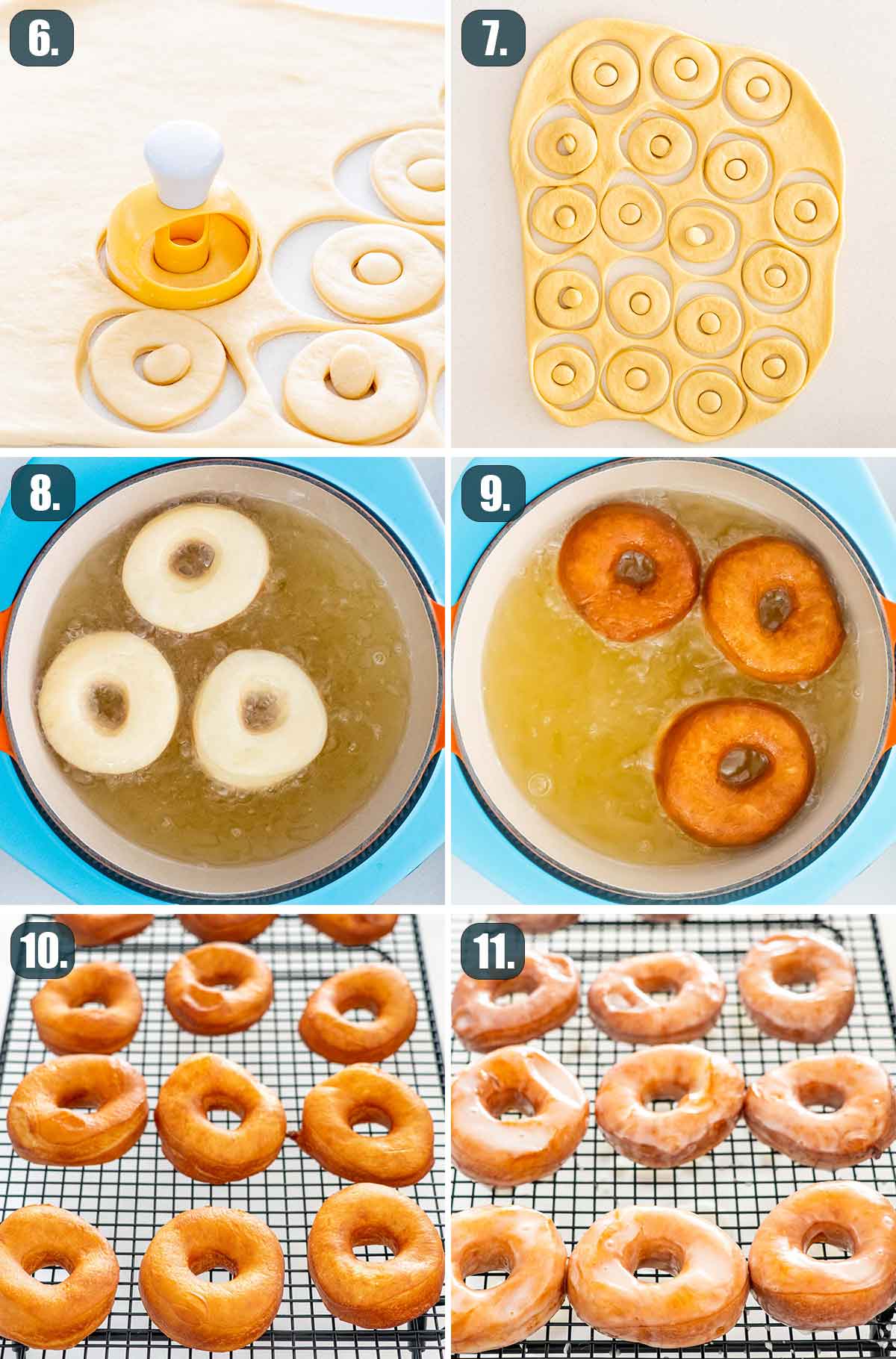 process shots showing how to cut, fry and glaze donuts.