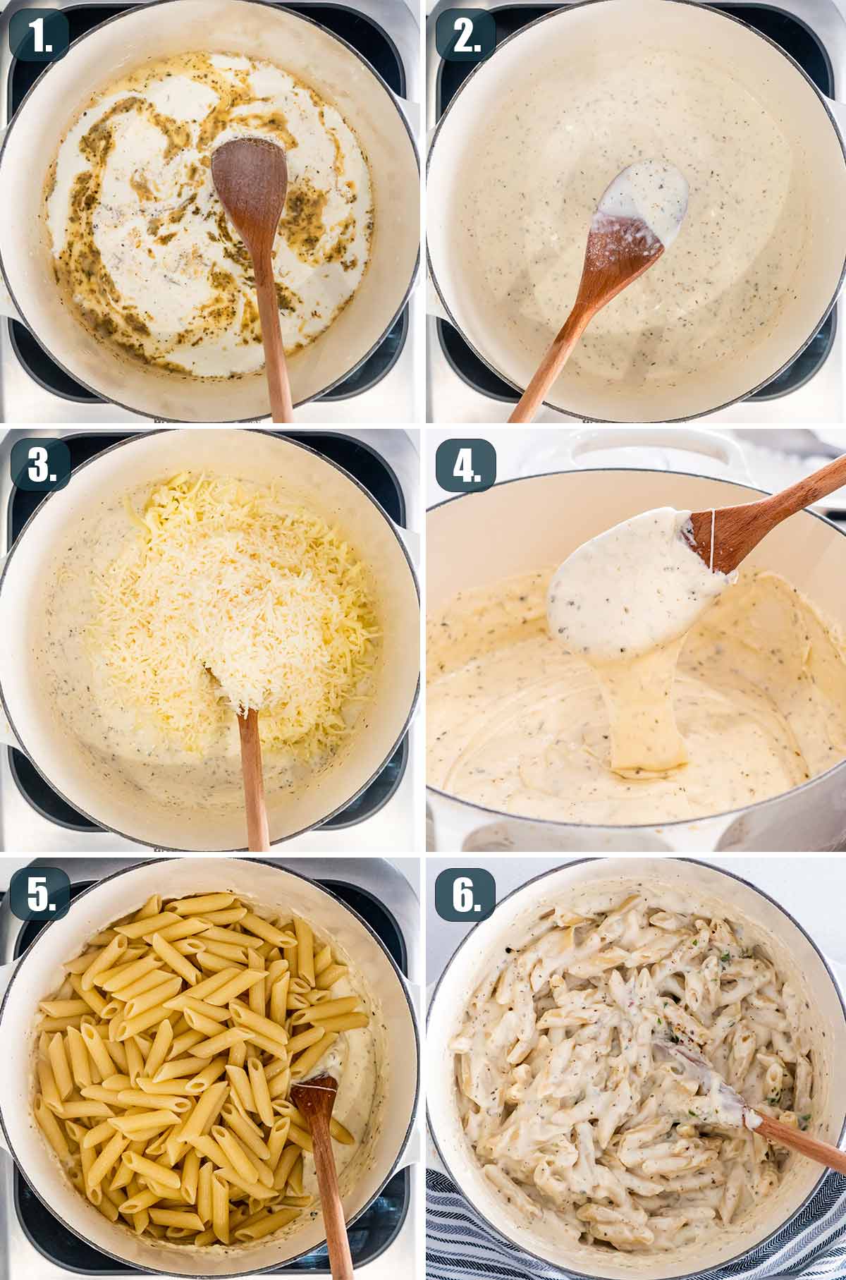 detailed process shots showing how to make italian mac and cheese.