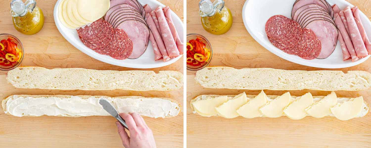 process shots showing how to make an italian sub sandwich.