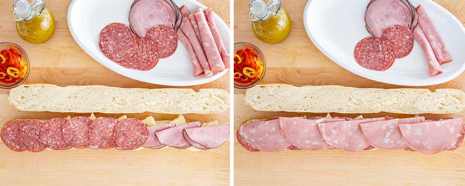 process shots showing how to make an italian sub sandwich.