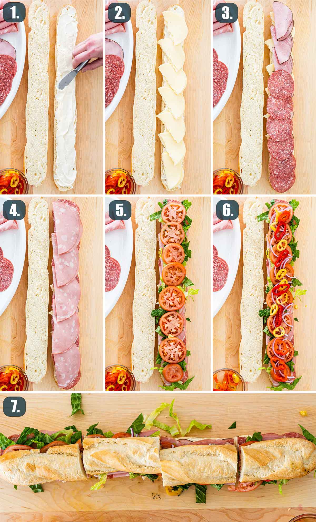 detailed process shots showing how to make italian sub sandwich.