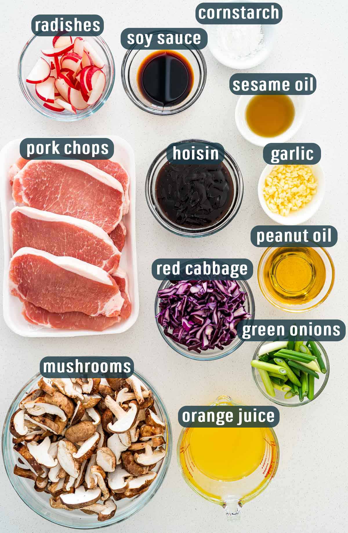 overhead shot of ingredients needed for moo shu pork.