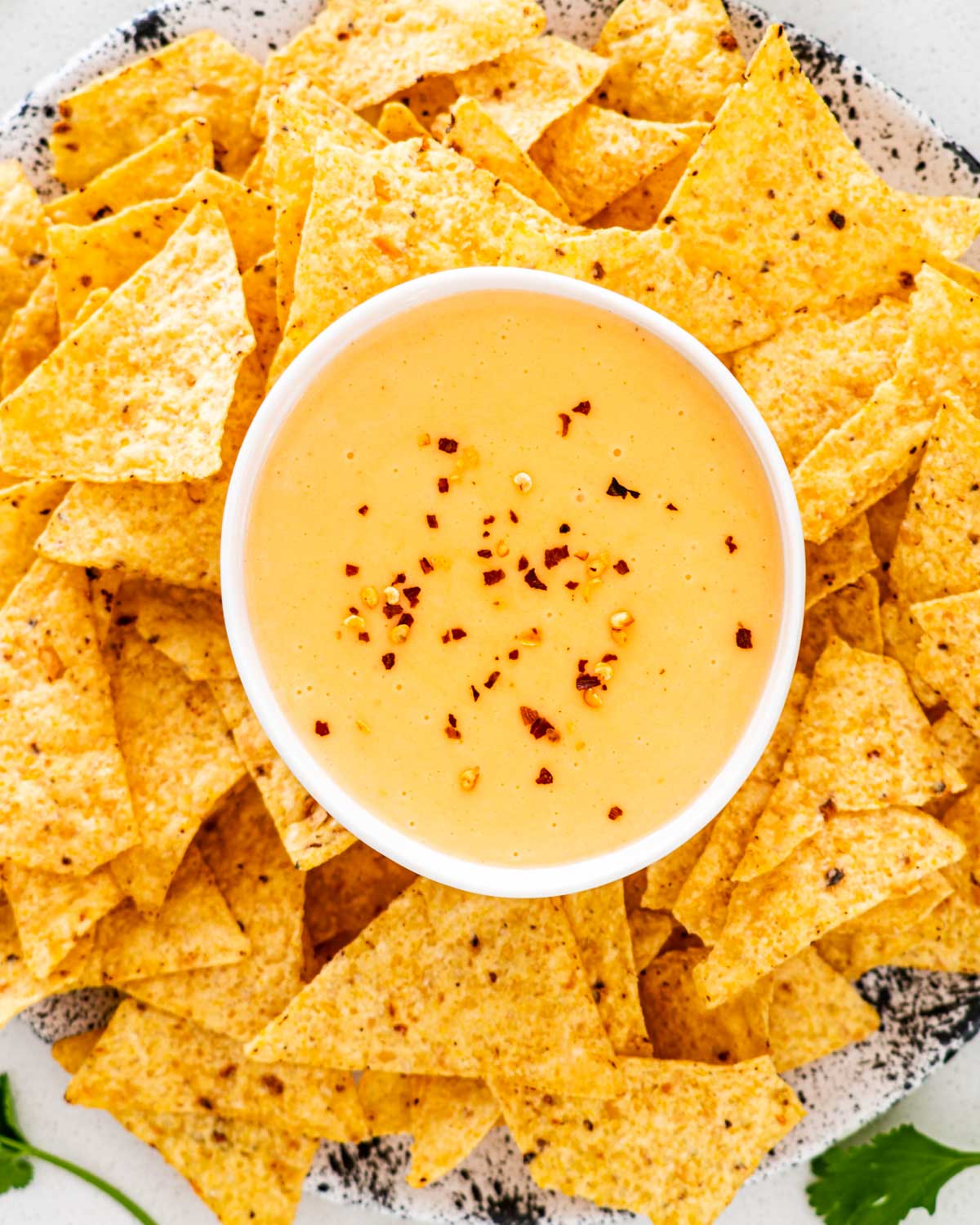 a plate full of tortilla chips with a bowl of nacho cheese sauce in the middle.