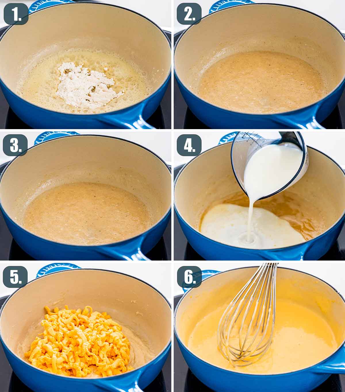 detailed process shots showing how to make nacho cheese sauce.