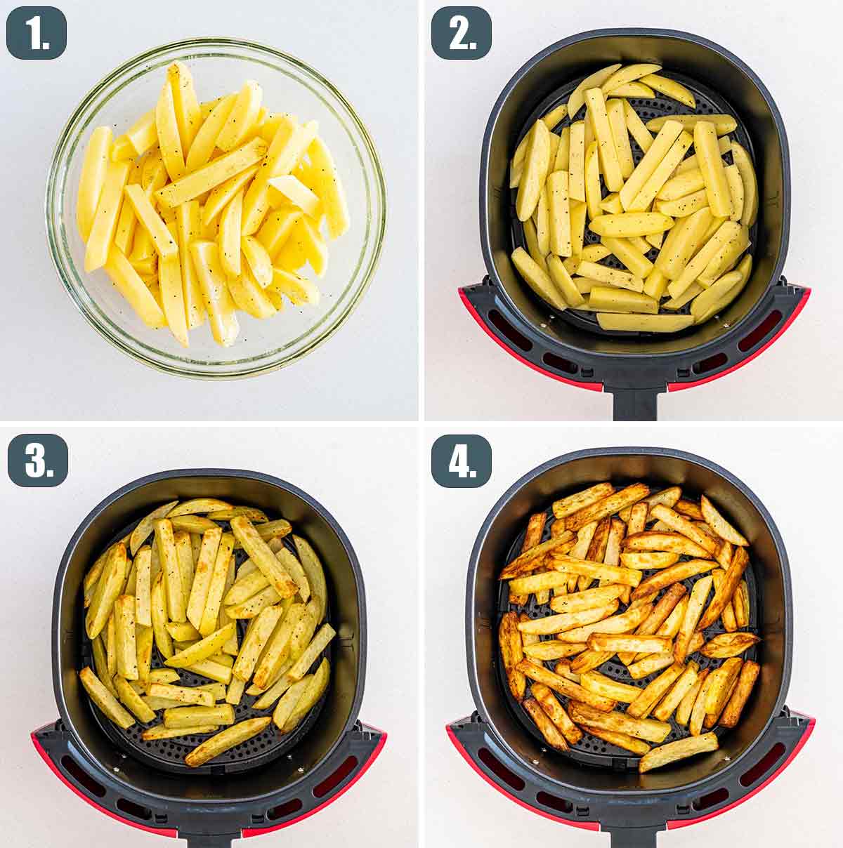 detailed process shots showing how to make french fries in the air fryer.