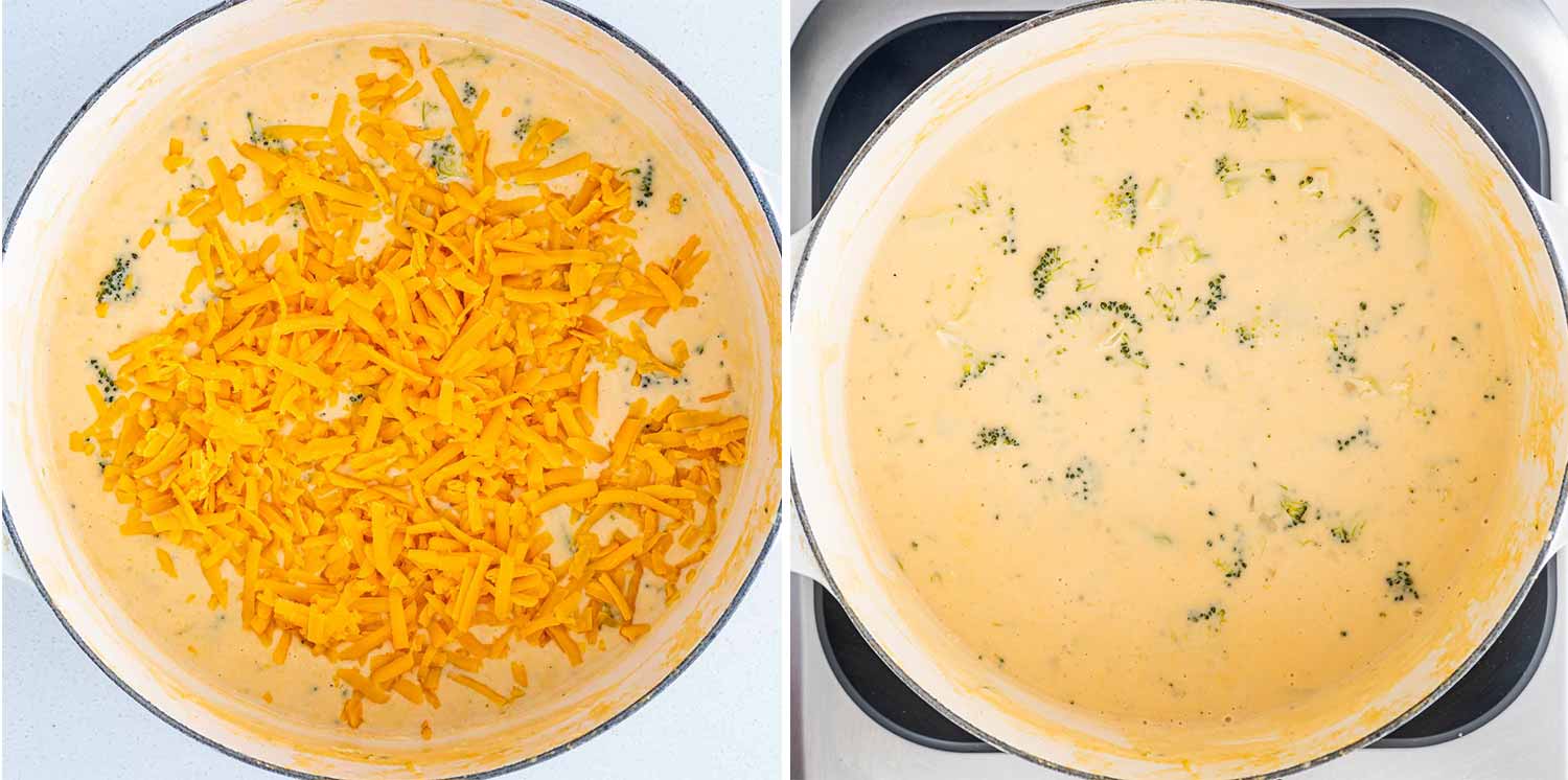 process shots showing how to make broccoli cheddar soup.