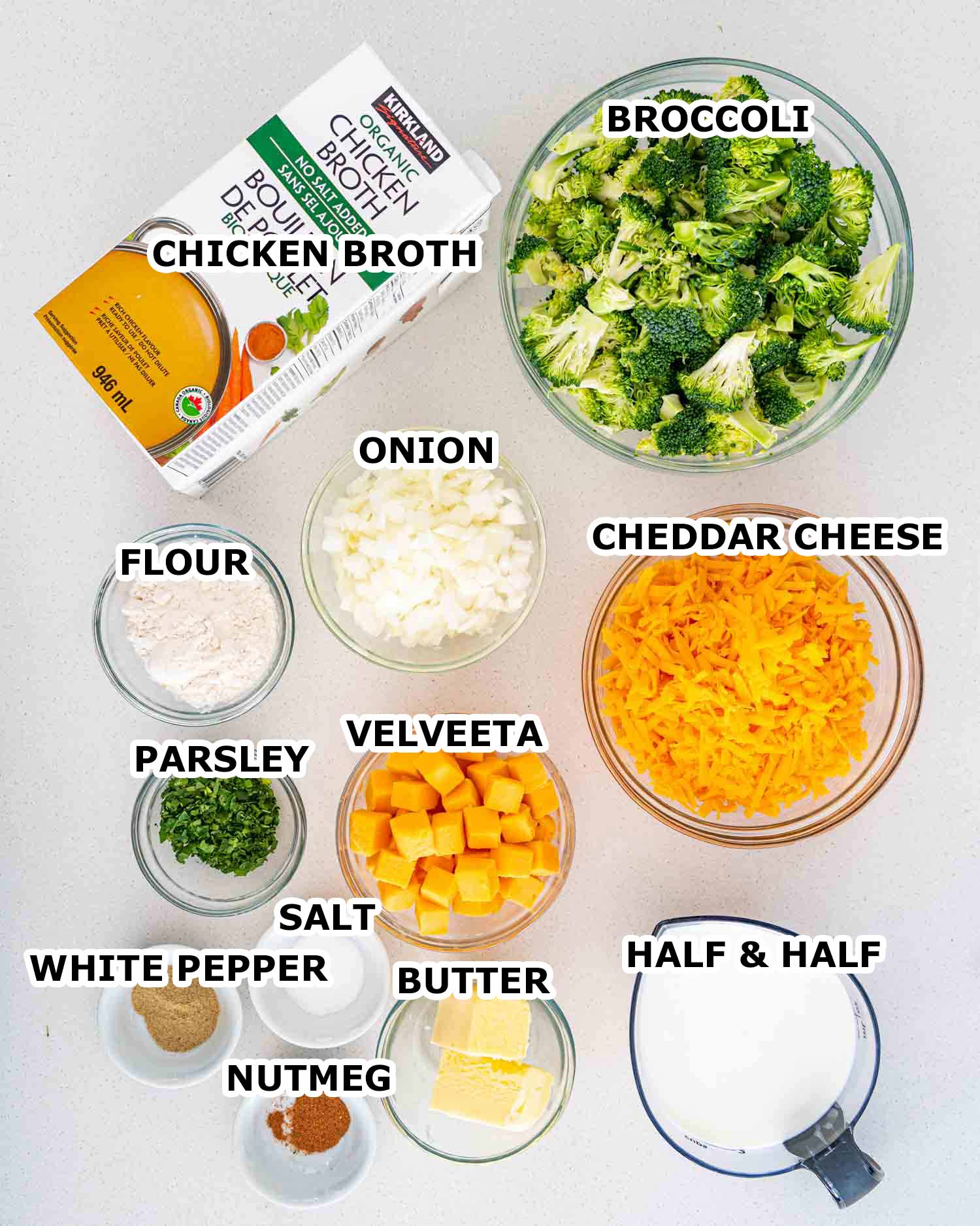 ingredients needed to make broccoli cheddar soup.