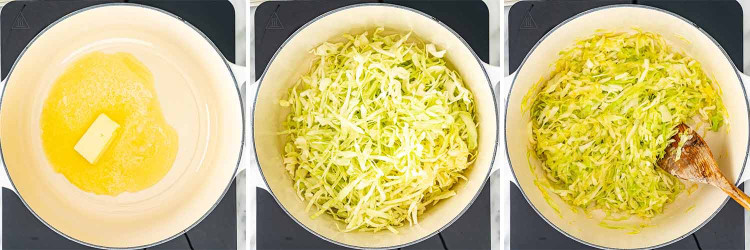process shots showing how to make colcannon potatoes.