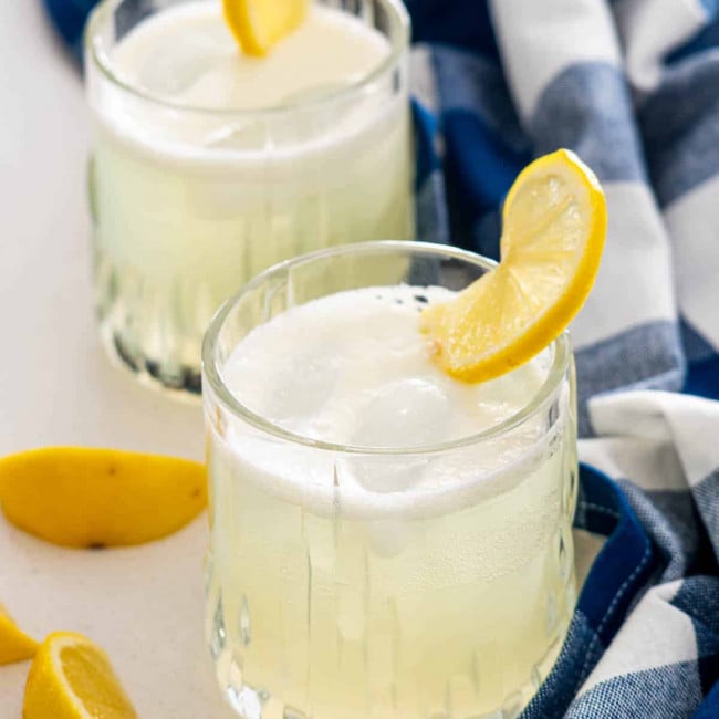 two glasses with gin fizz and garnished with lemon slice.