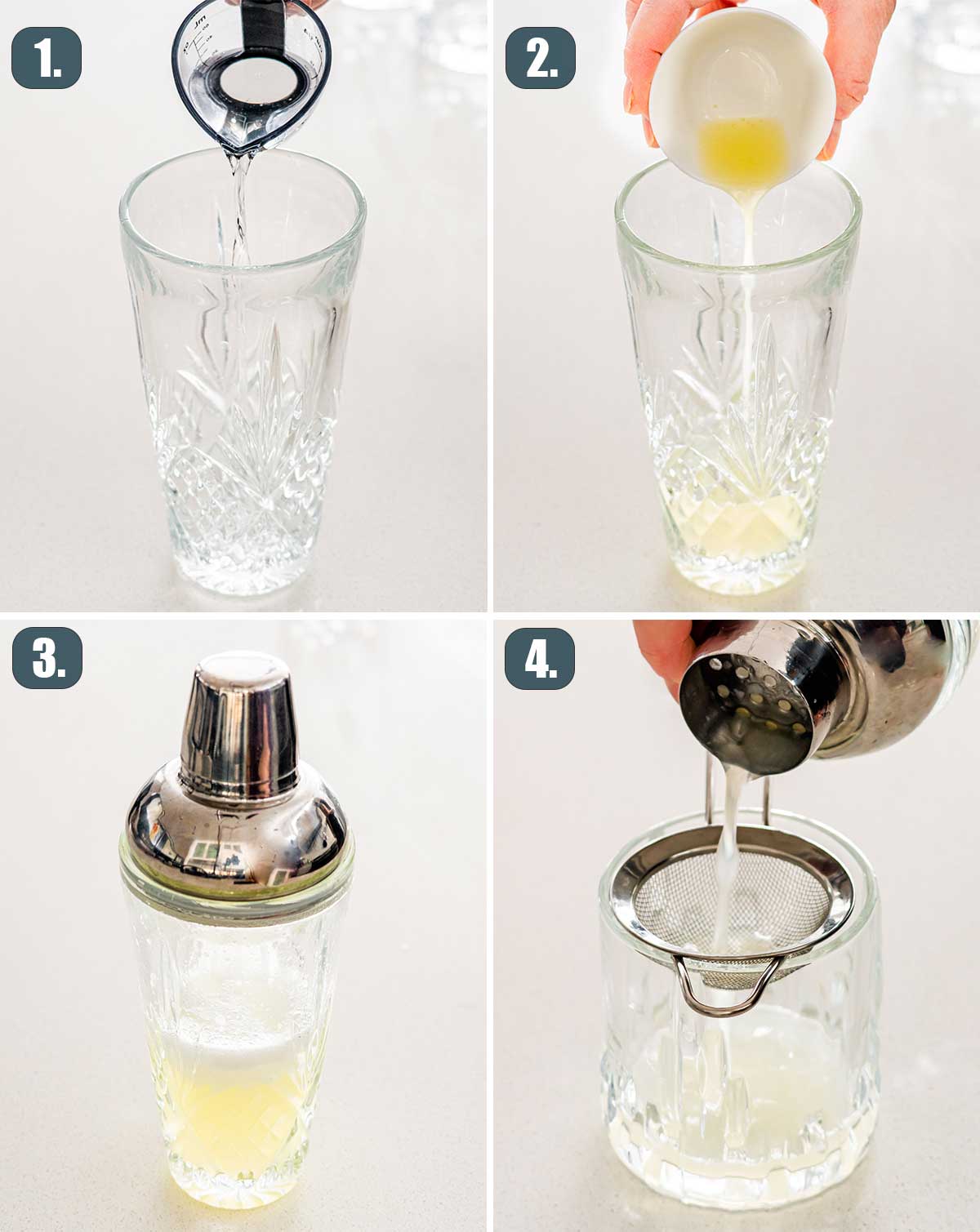 detailed process shots showing how to make gin fizz.