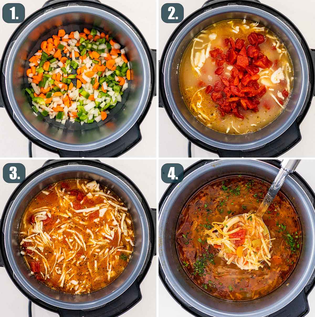 detailed process shots showing how to make cabbage soup in the instant pot.