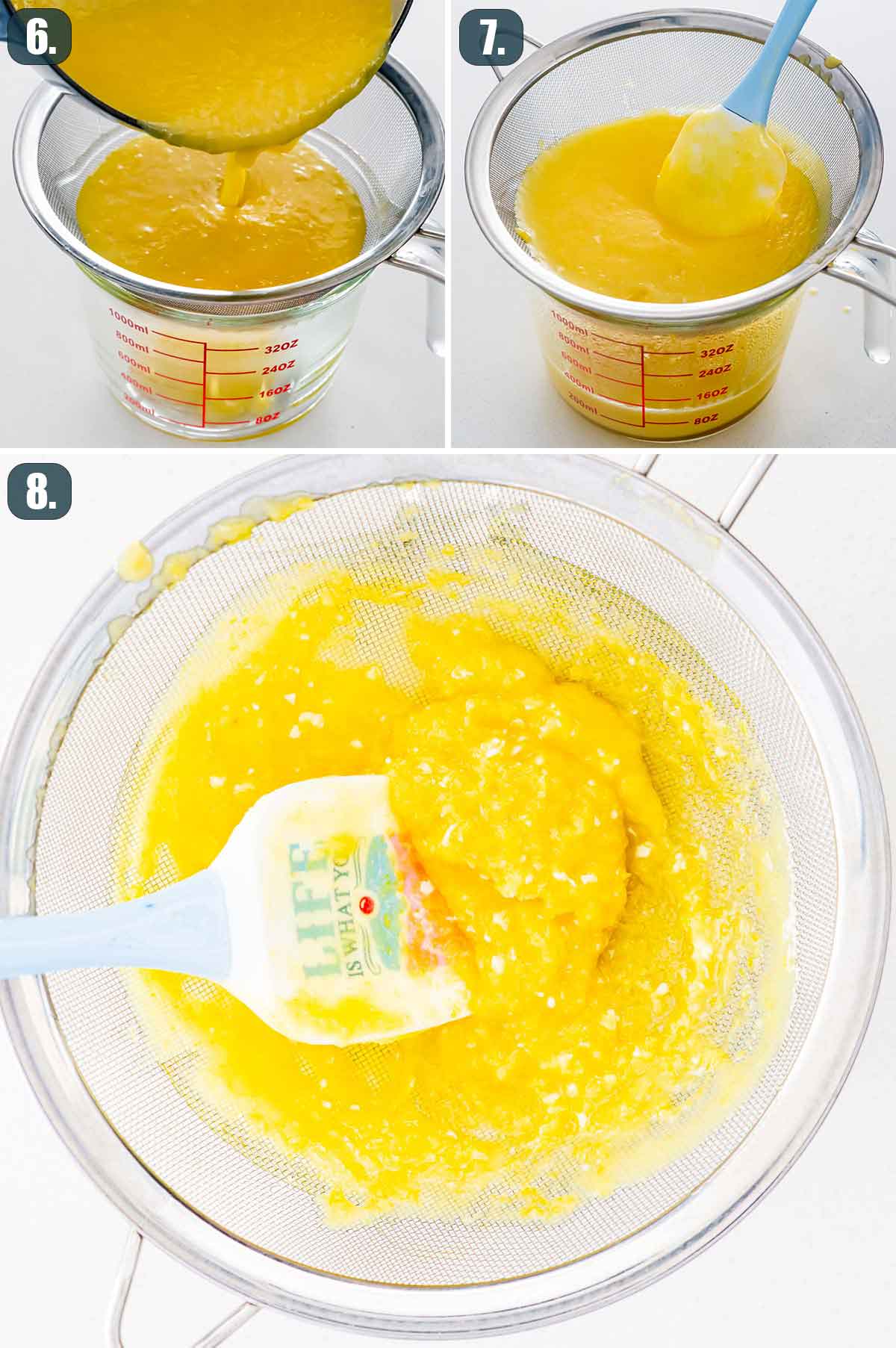 process shots showing how to strain lemon curd.