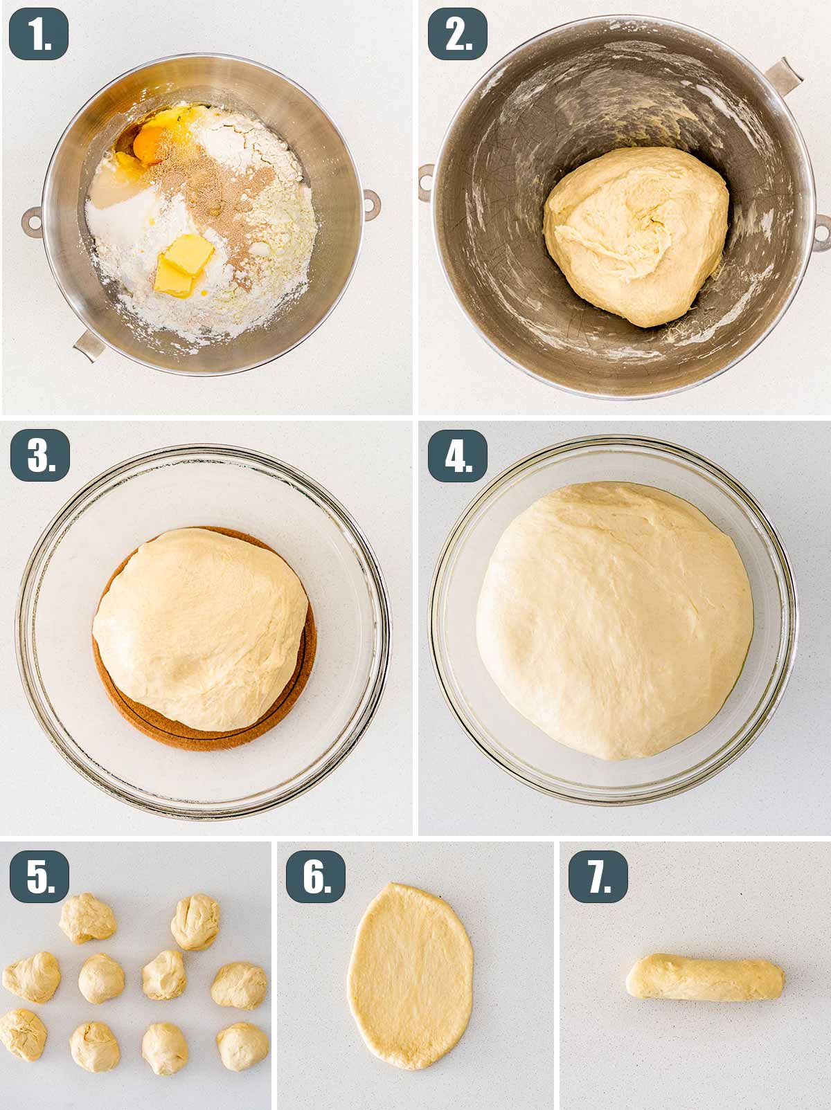 detailed process shots showing how to make dough for new england hot dog rolls.