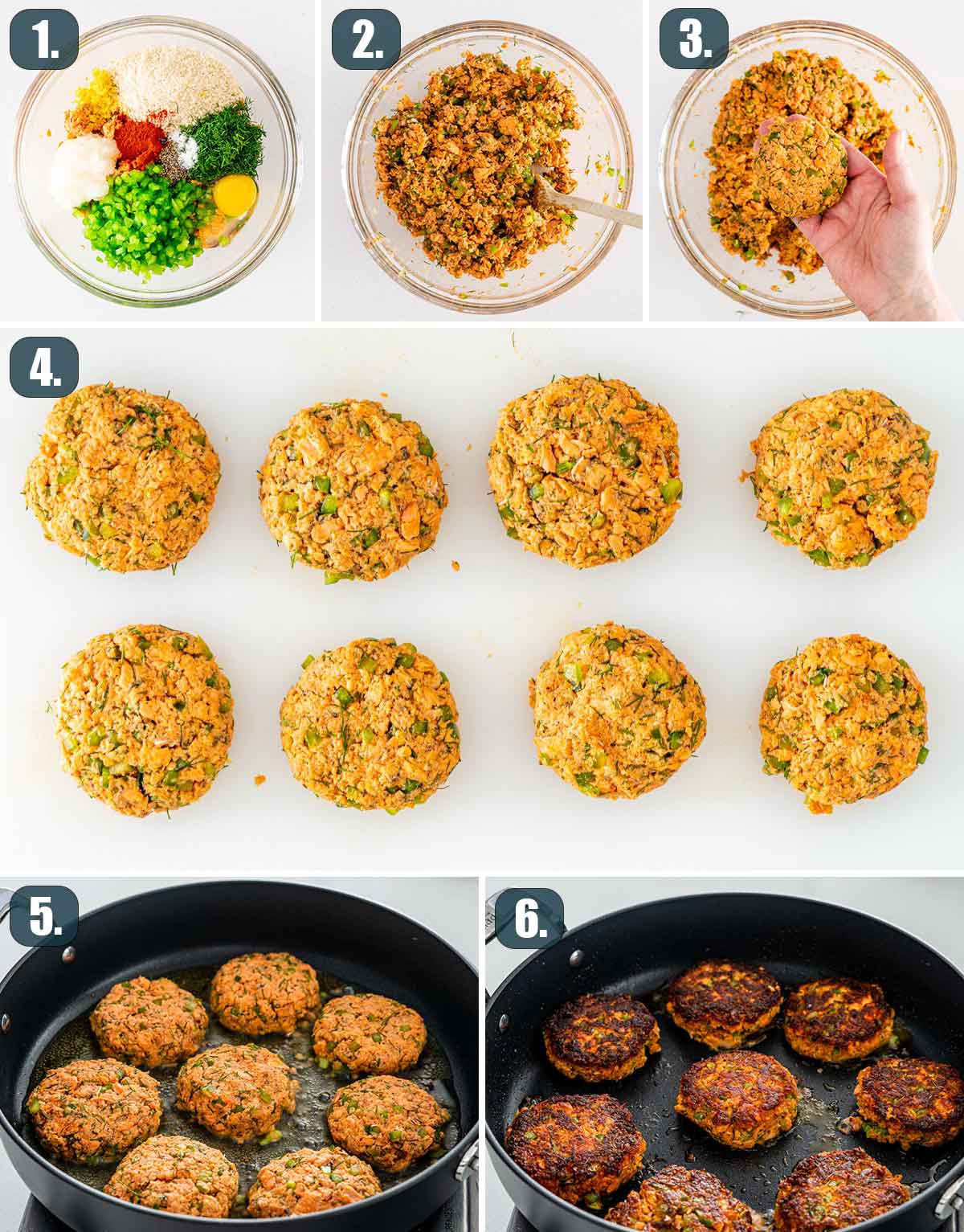 detailed process shots showing how to make salmon patties.