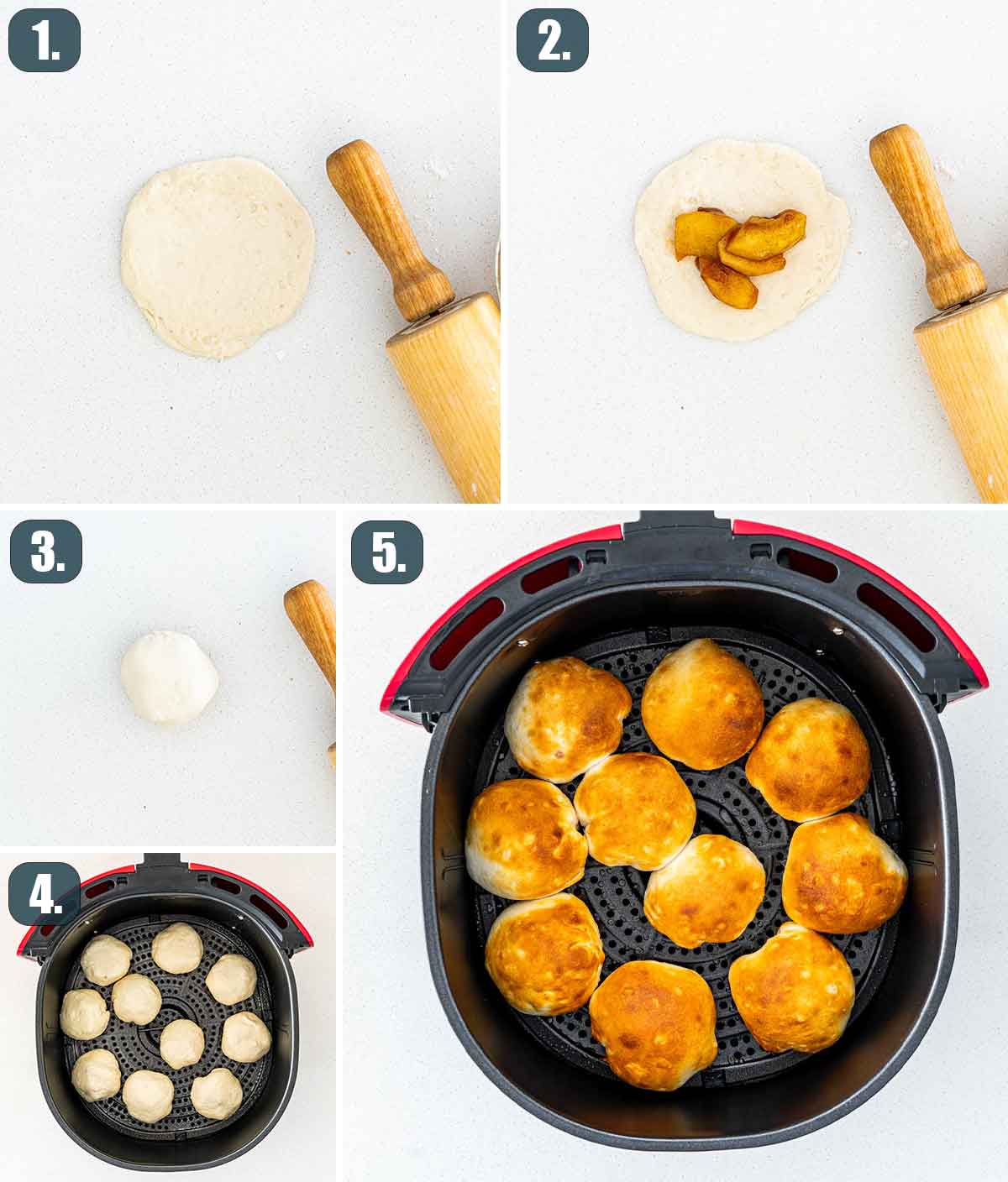 process shots showing how to make apple pie bomb in the air fryer.