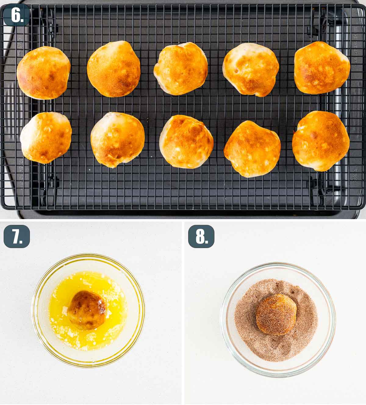 process shots showing how to roll apple pie bombs through butter and cinnamon sugar.