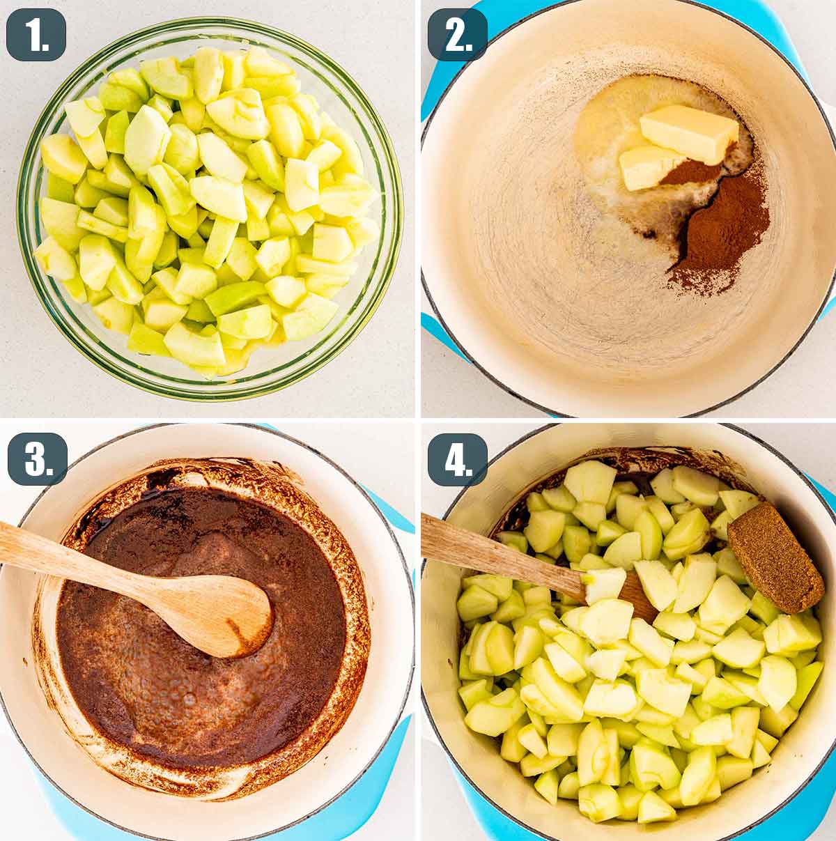 process shots showing how to make apple pie filling.