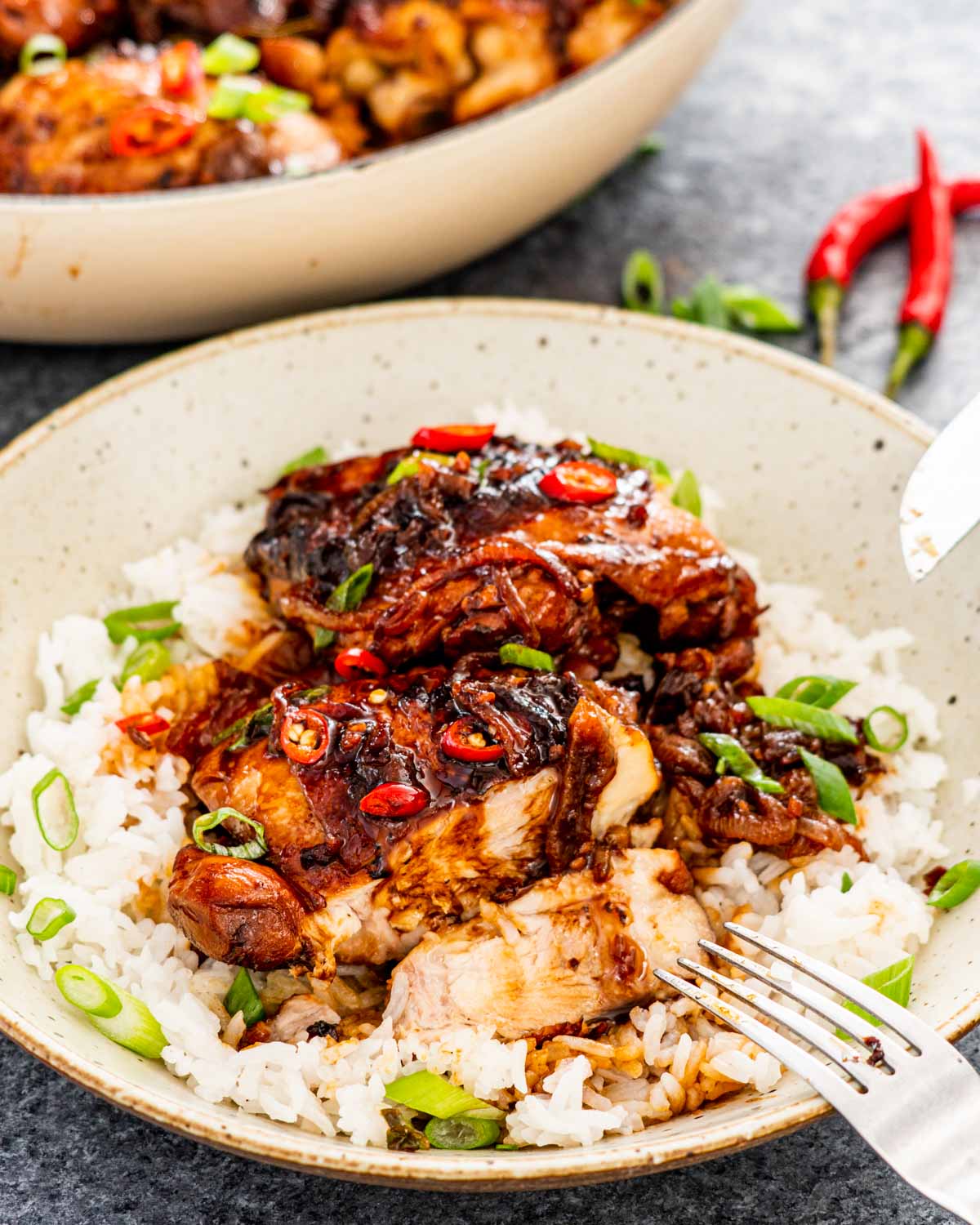 two chicken adobo thighs over a bed of rice garnished with green onions.