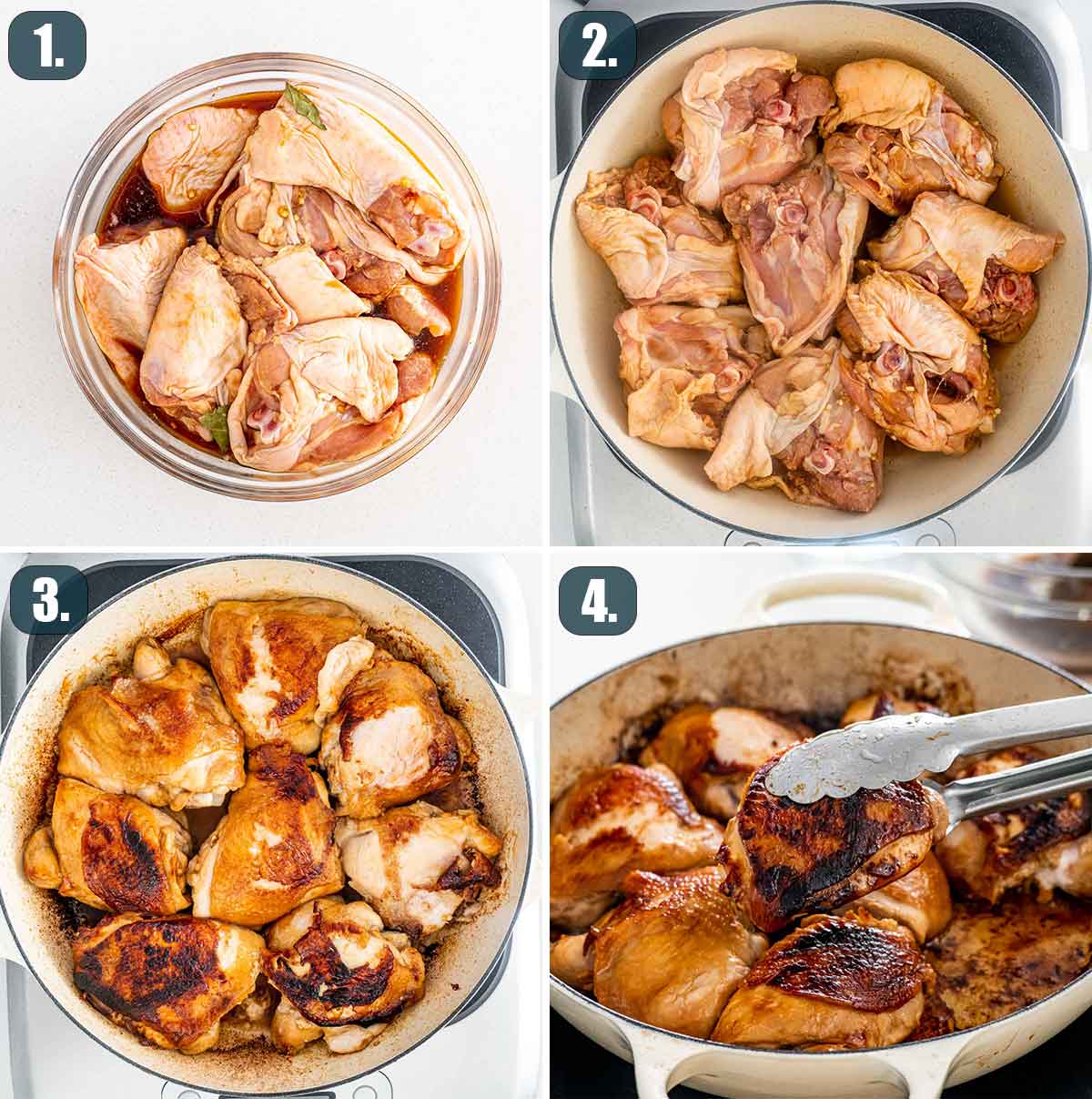 process shots showing how to marinate and sear chicken adobo.