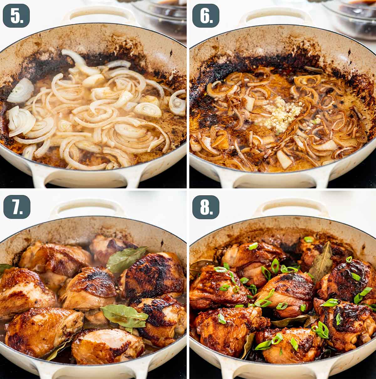 process shots showing how to finish chicken adobo.