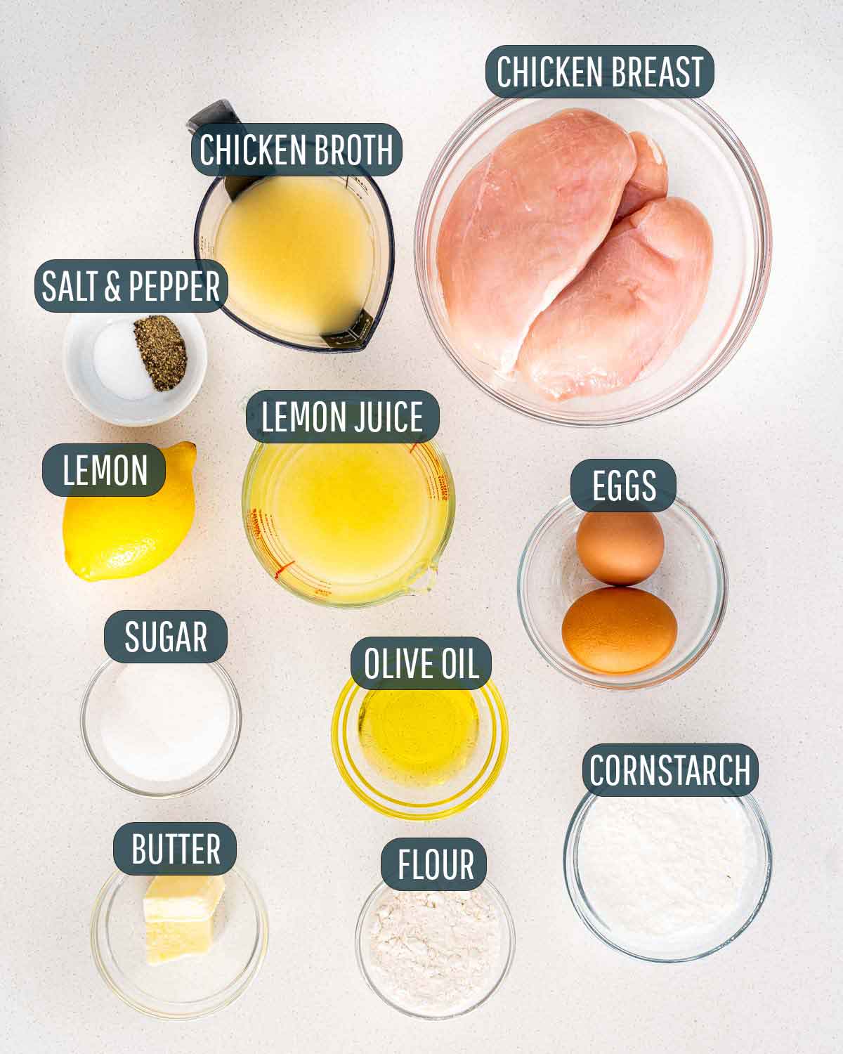 overhead shot of ingredients needed to make chinese lemon chicken.