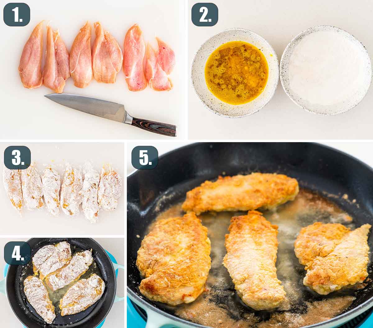 process shots showing how to bread chicken and fry it.