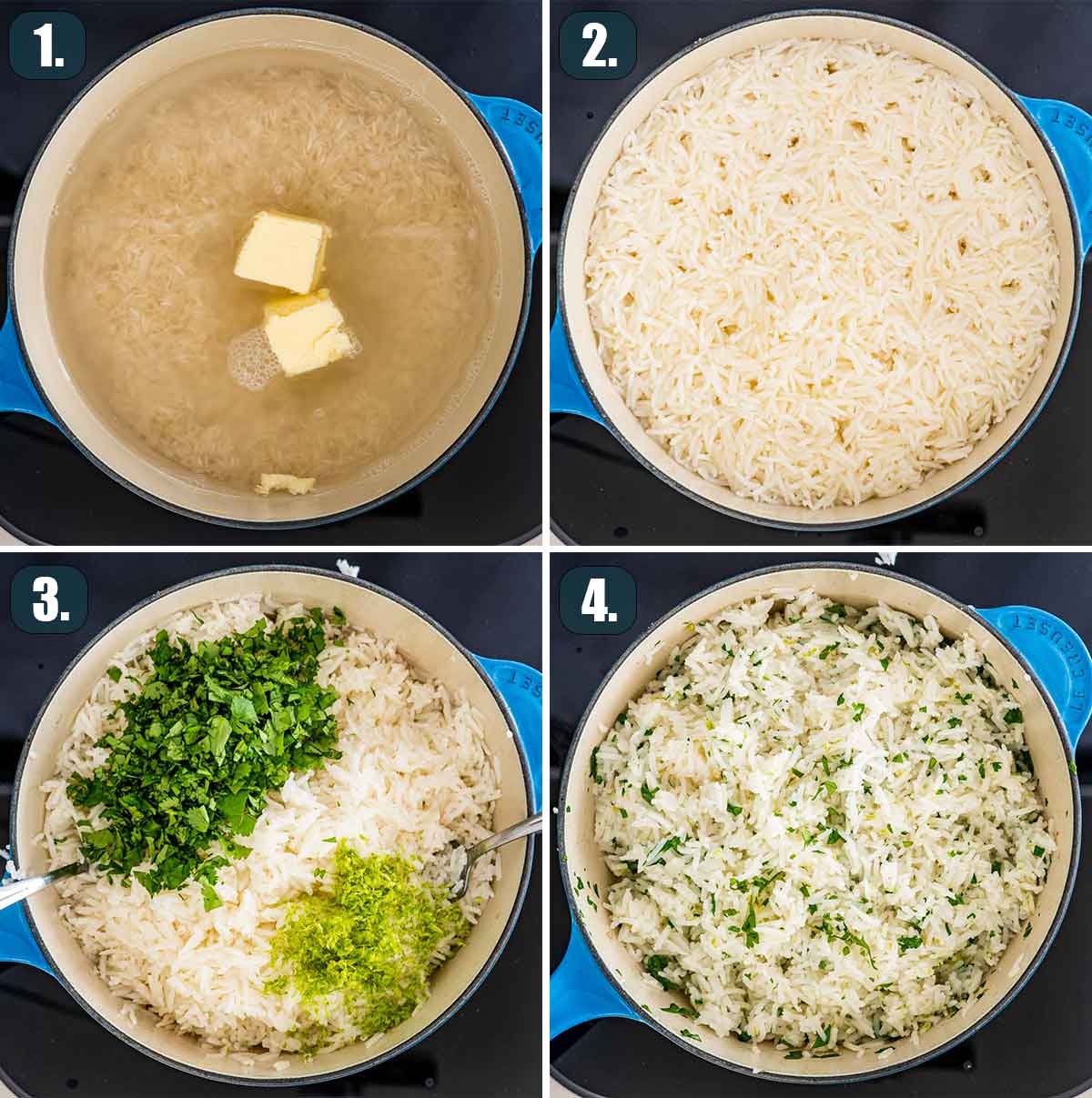 detailed process shots showing how to make cilantro lime rice.