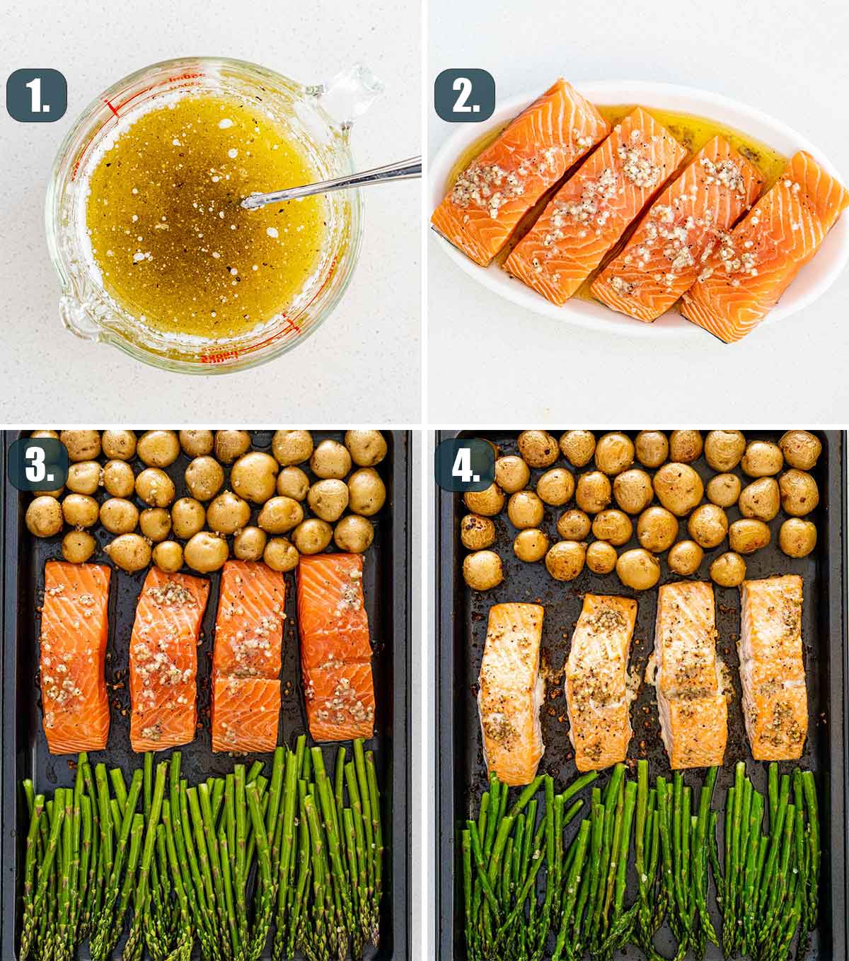 process shots showing how to make garlic butter salmon with asparagus and baby potatoes on a sheet pan.