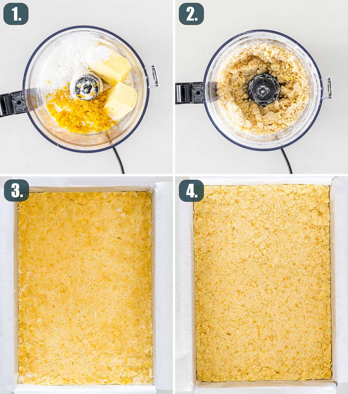 process shots showing how to make crust for lemon cheesecake bars.