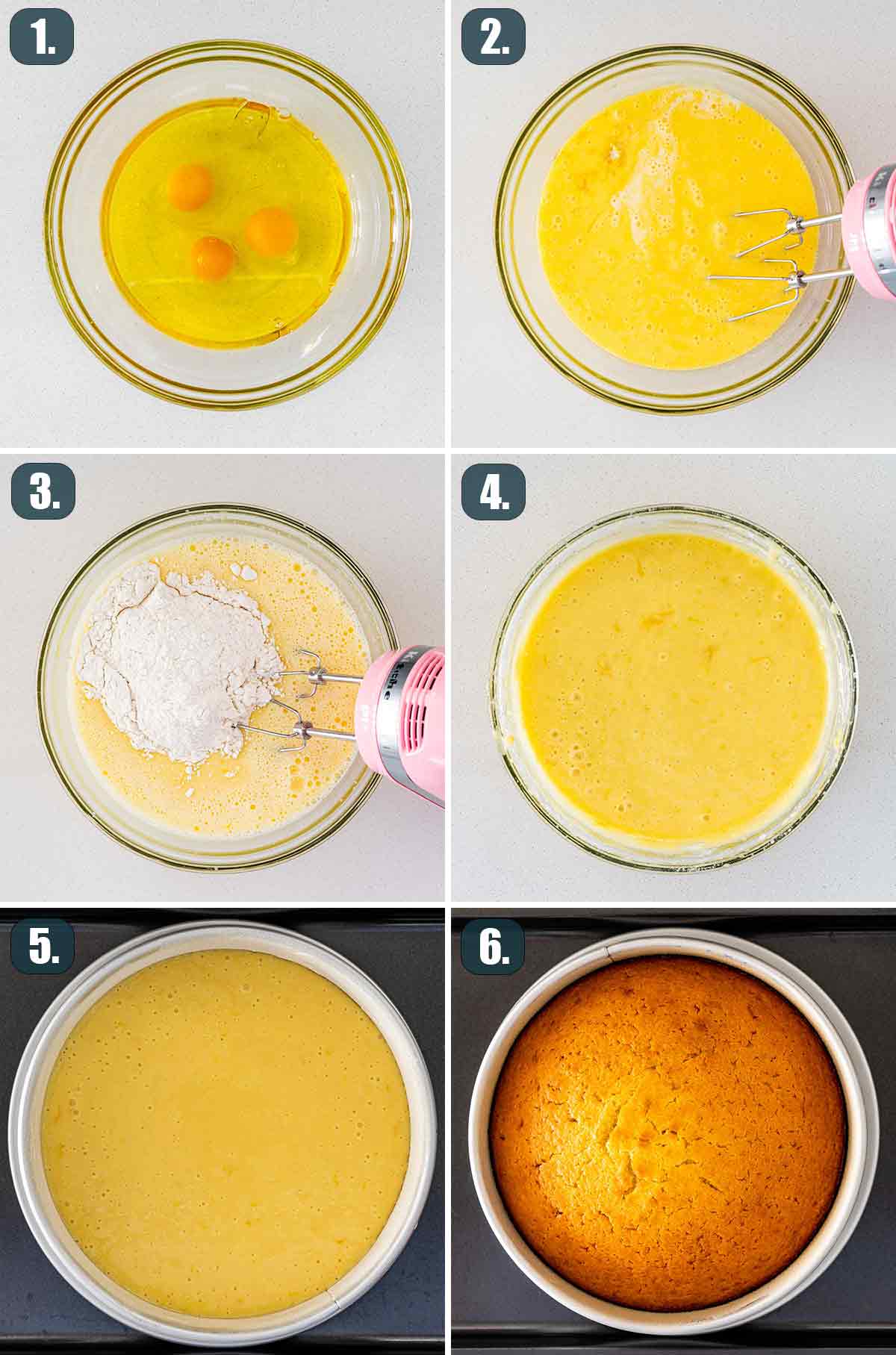detailed process shots showing how to make olive oil cake.
