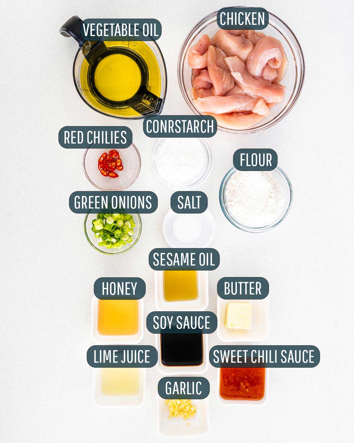 overhead shot of ingredients needed to make sweet chili chicken.