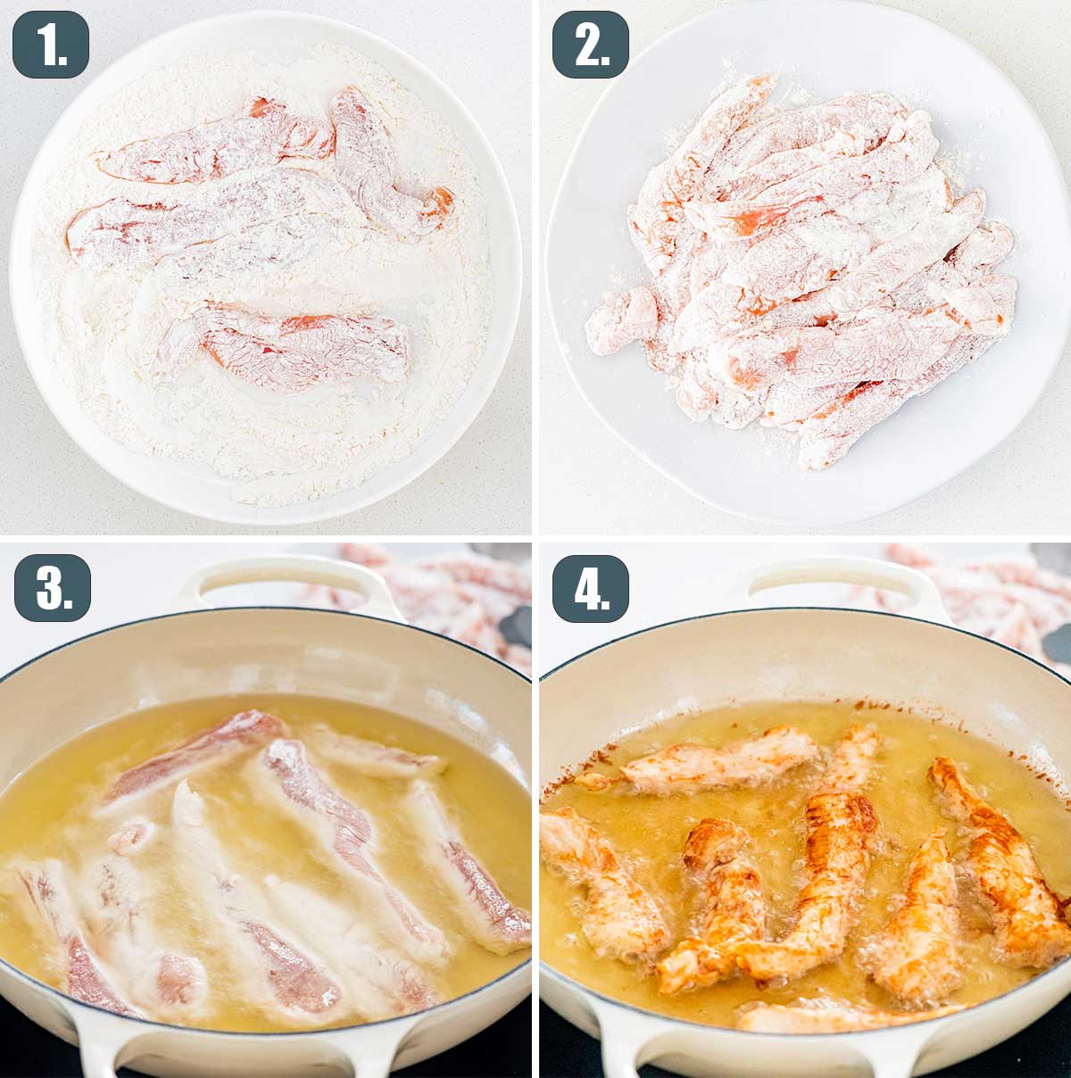 process shots showing how to prep and fry chicken for sweet chili chicken.