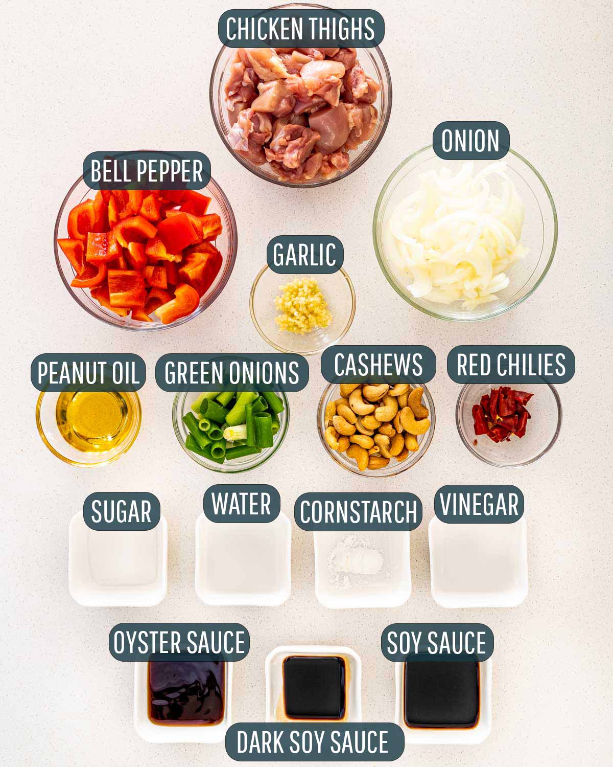 overhead shot of ingredients needed to make thai cashew chicken.