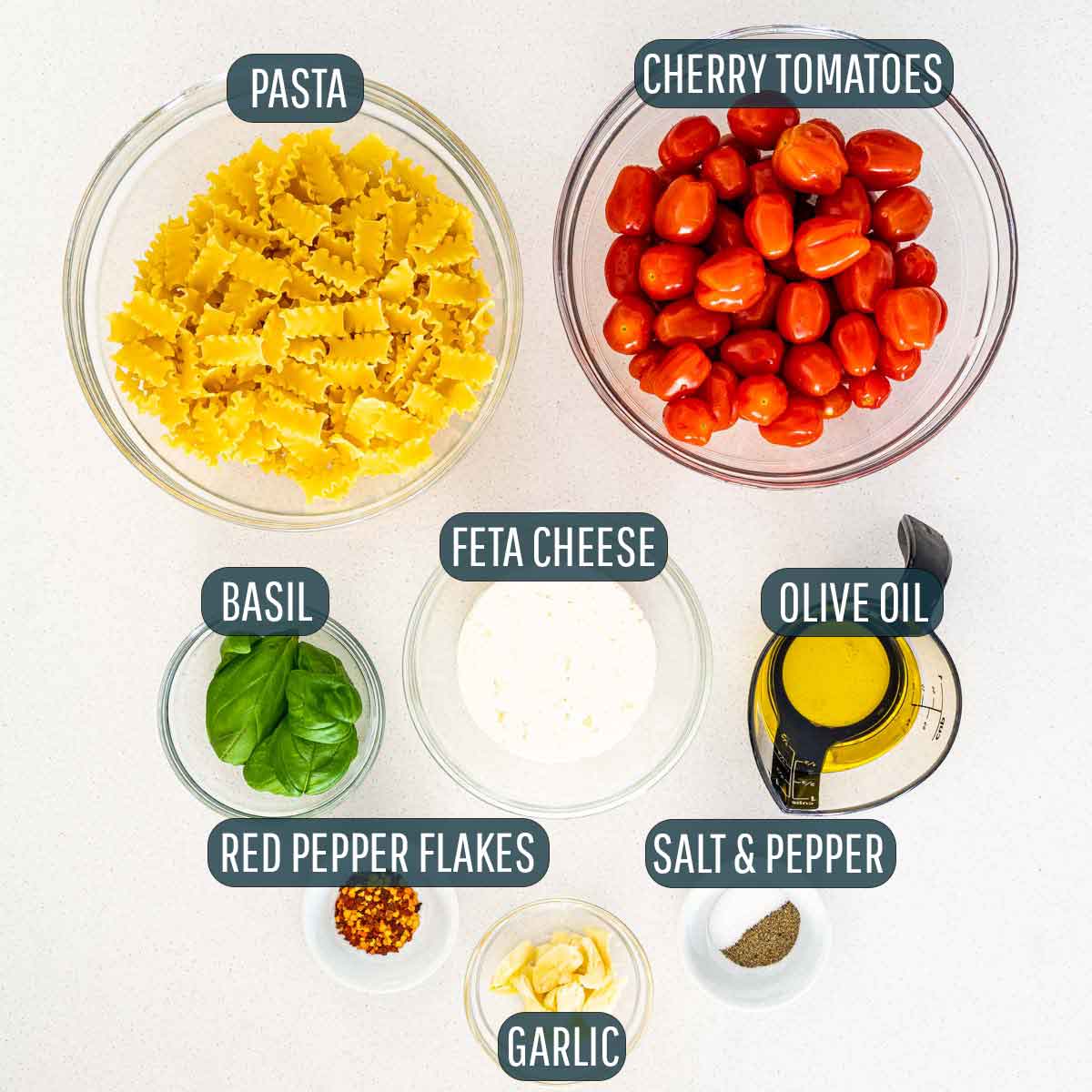 overhead shot of all the ingredients needed to make baked feta pasta.